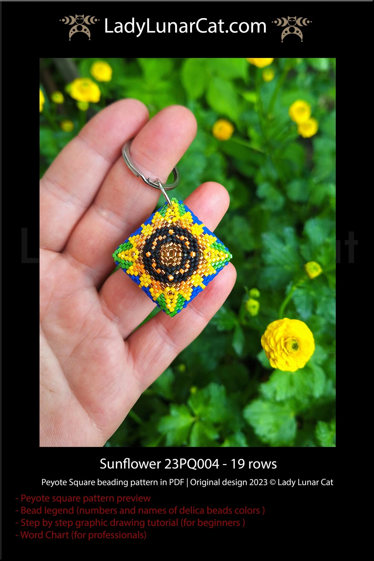 Sunflower beaded square pattern - word chart and color legend instant download LadyLunarCat