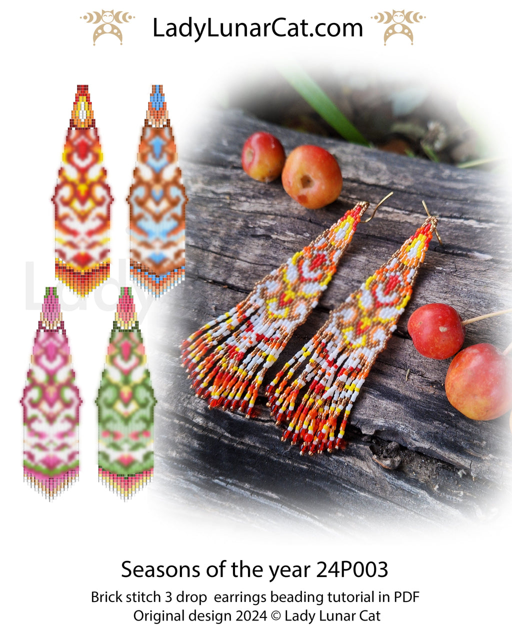 Brick stitch 3 drop earrings pattern for beading  (Suitable for beginners) LadyLunarCat