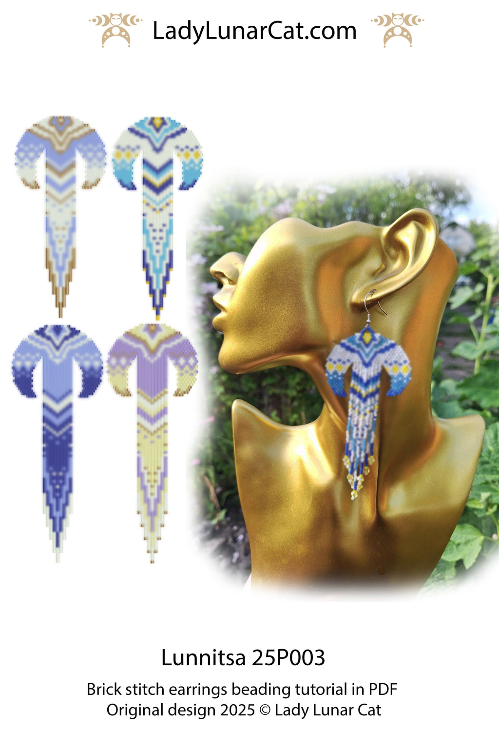 Crescent moon brick stitch earrings pattern for beading LadyLunarCat