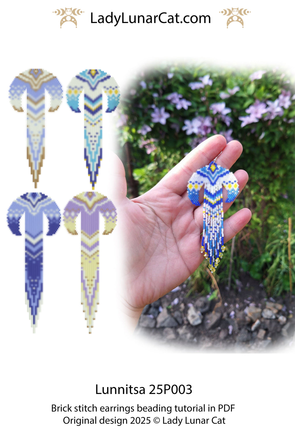 Crescent moon brick stitch earrings pattern for beading LadyLunarCat
