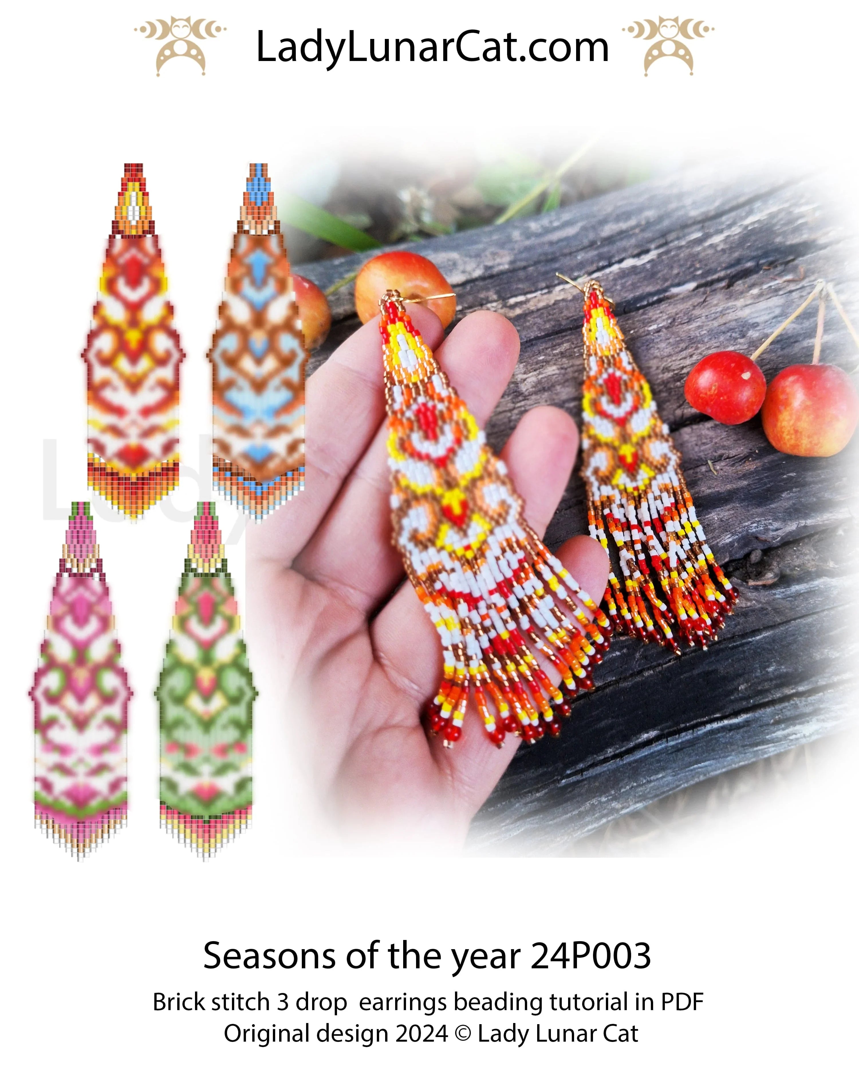Seasons beaded earring pattern - brick stitch 3 drop 4 colorways fringe PDF LadyLunarCat