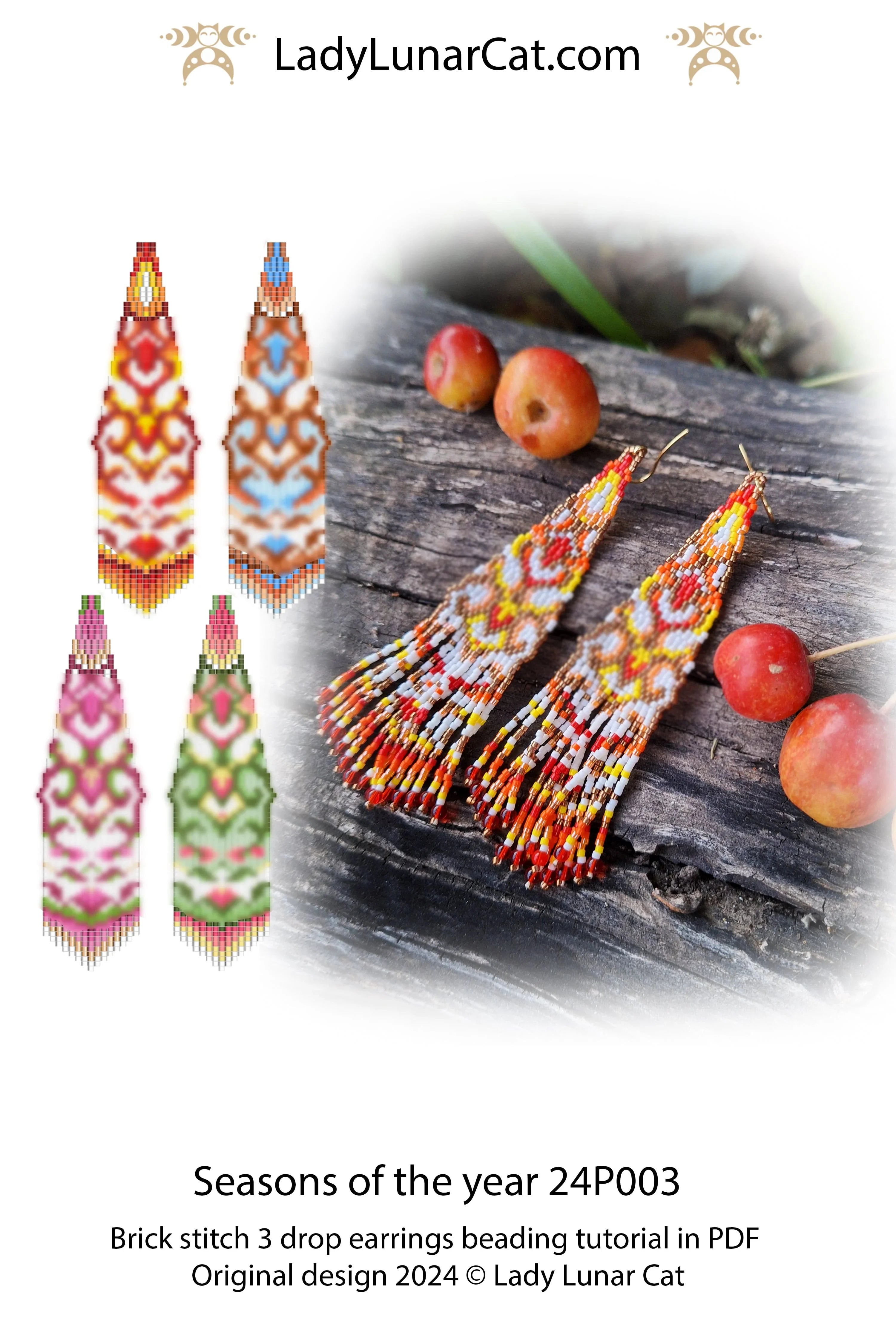 Seasons beaded earring detail - winter colorway fringe brick stitch PDF LadyLunarCat
