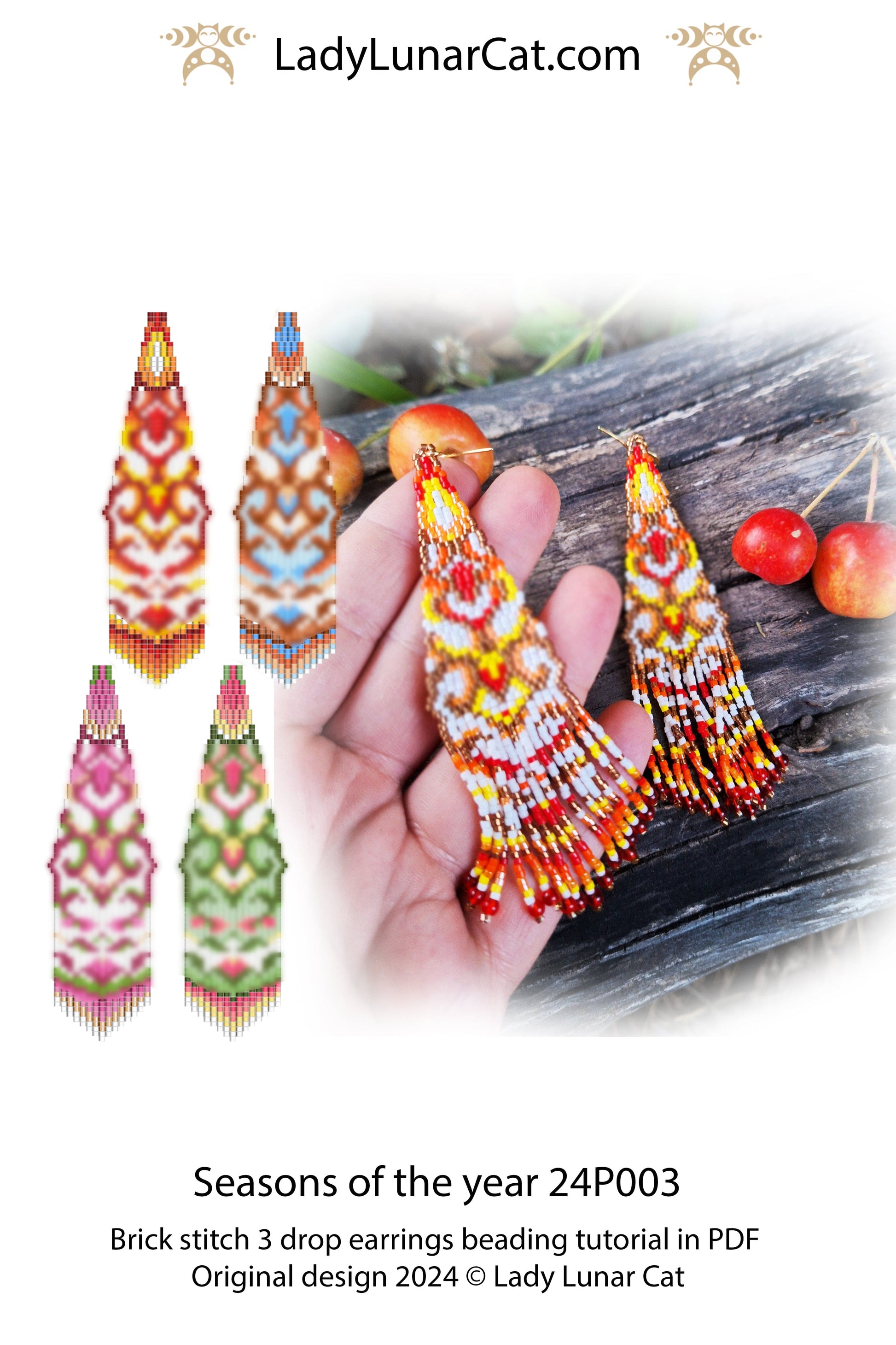 Brick stitch 3 drop earrings pattern for beading  (Suitable for beginners) LadyLunarCat