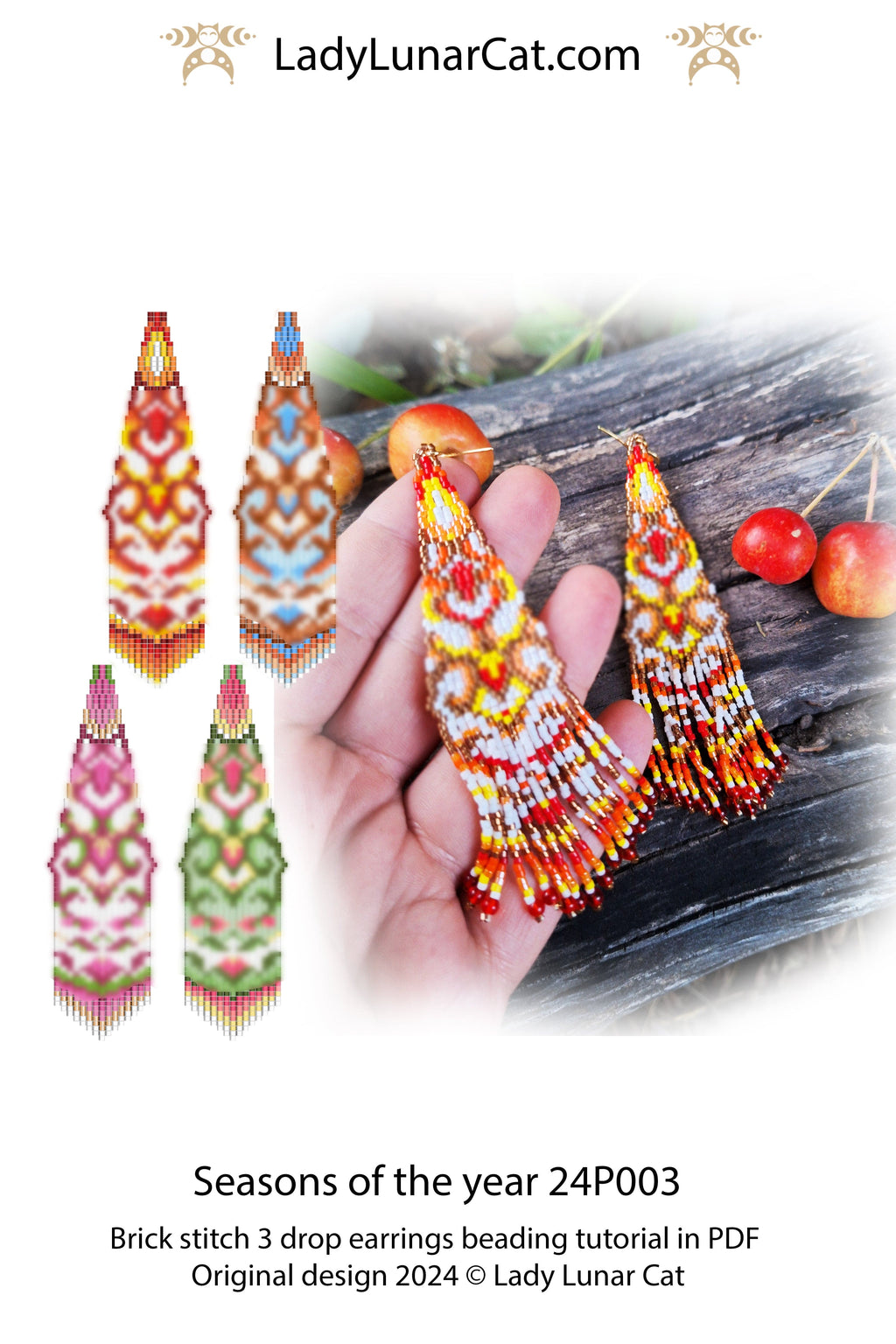 Brick stitch 3 drop earrings pattern for beading  (Suitable for beginners) LadyLunarCat