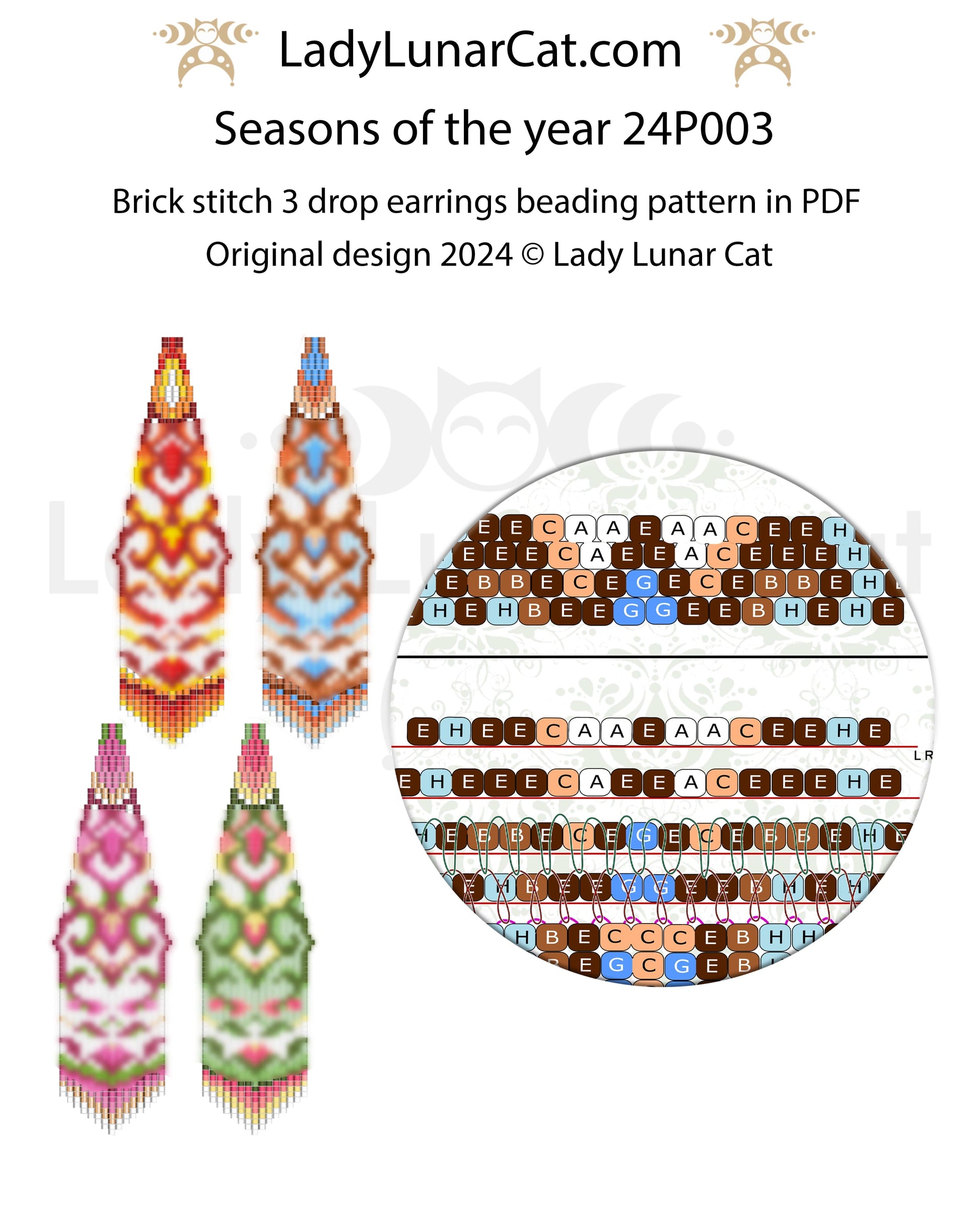 Brick stitch 3 drop earrings pattern for beading  (Suitable for beginners) LadyLunarCat