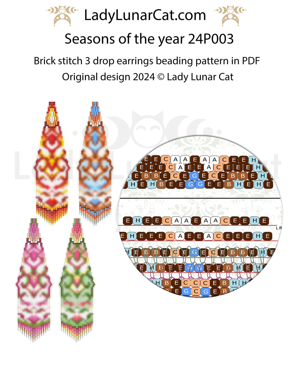 Brick stitch 3 drop earrings pattern for beading  (Suitable for beginners) LadyLunarCat