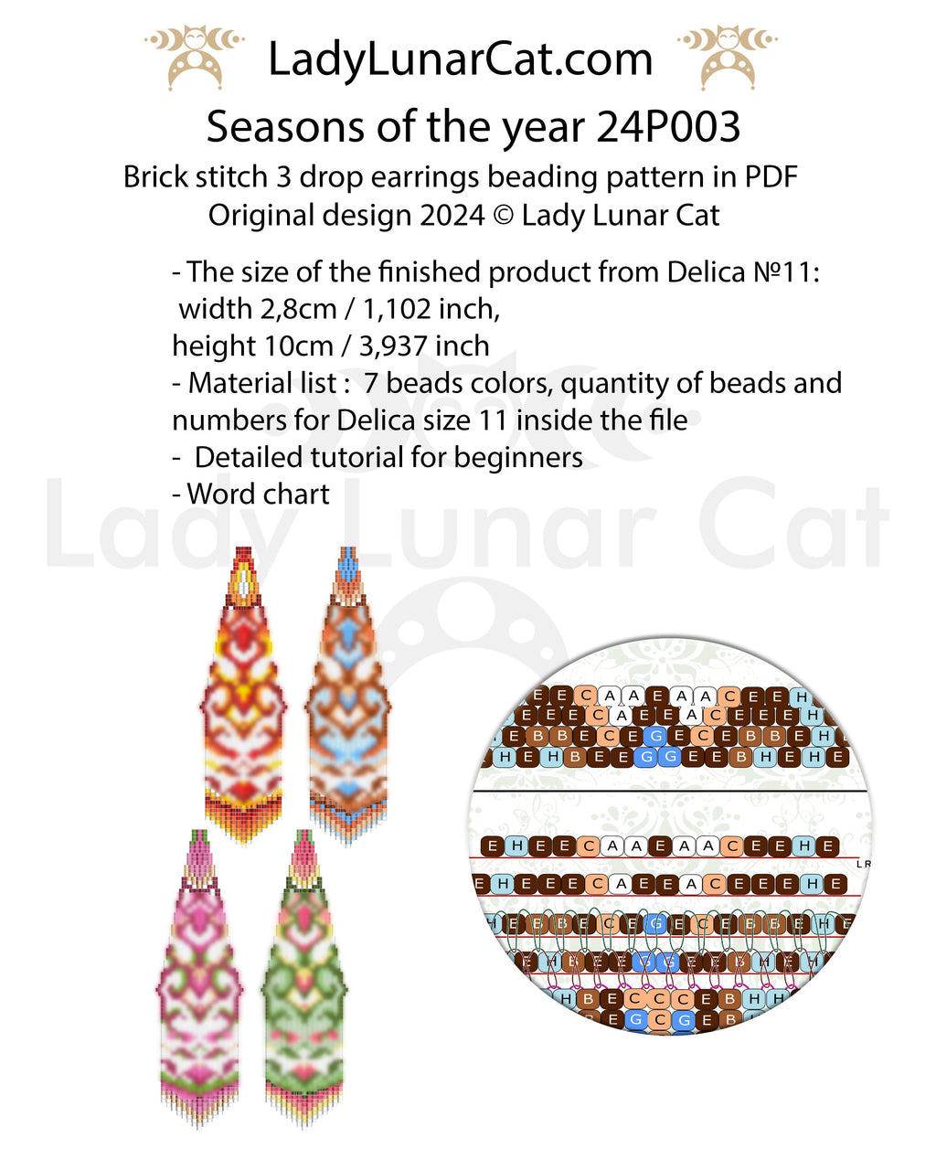 Brick stitch 3 drop earrings pattern for beading  (Suitable for beginners) LadyLunarCat