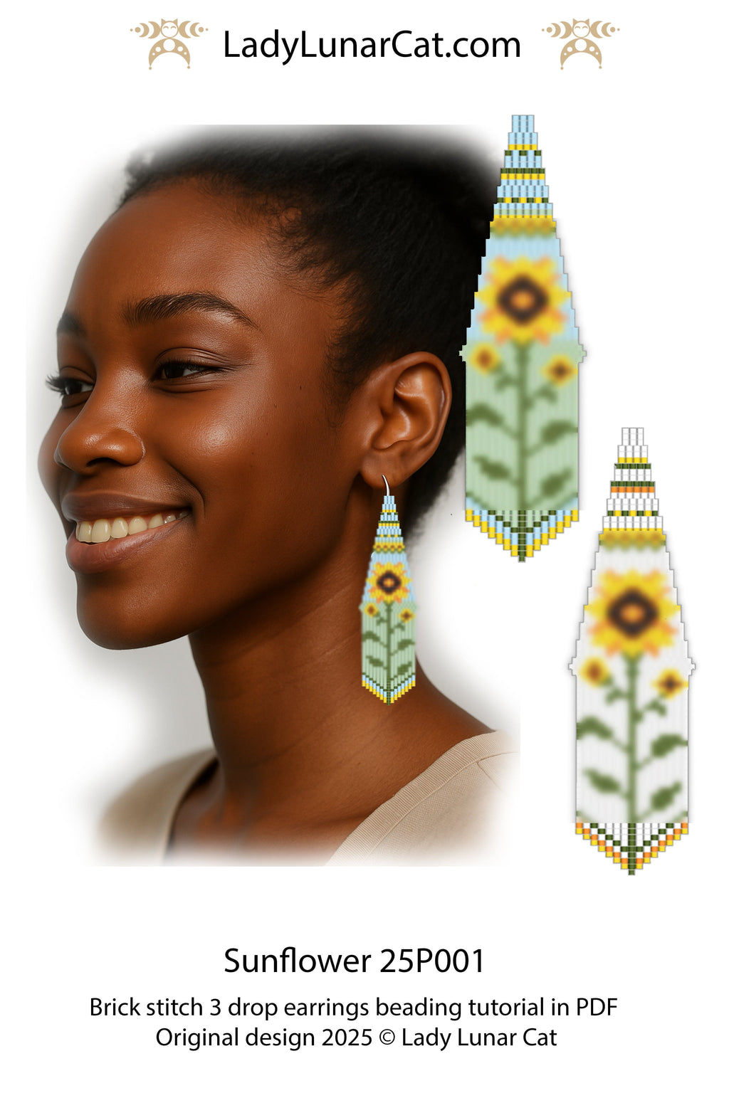 Sunflower Brick stitch 3 drop earrings pattern for beading  (Suitable for beginners) LadyLunarCat