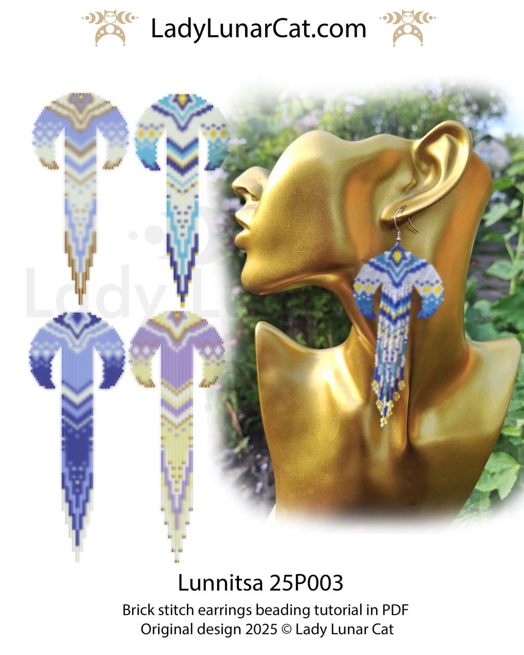 Sunflower 3-drop brick stitch earrings pattern for beading (Copy) LadyLunarCat