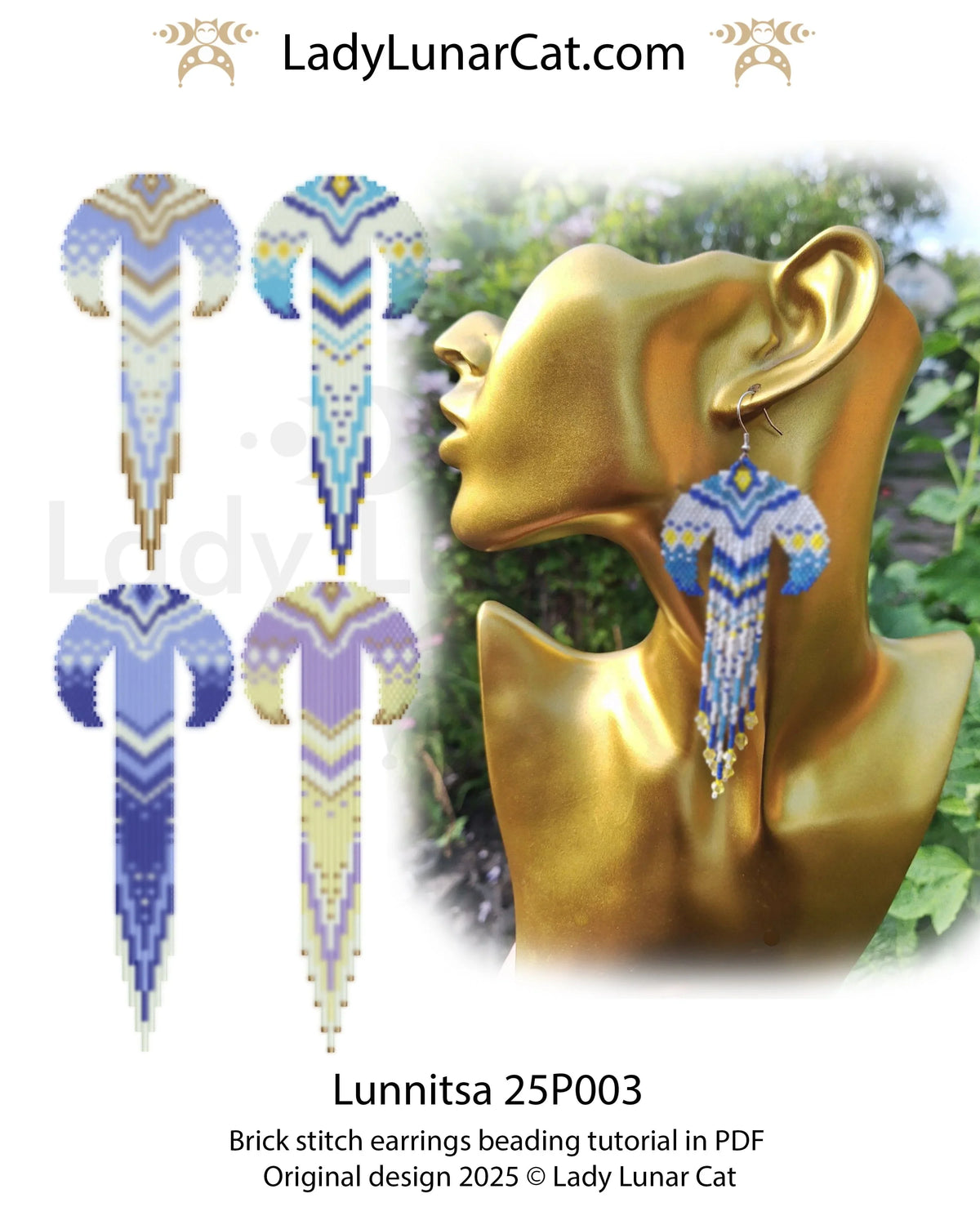 Lunnitsa earring pattern overview - 4 colorways brick stitch fringe Miyuki Delica LadyLunarCat
