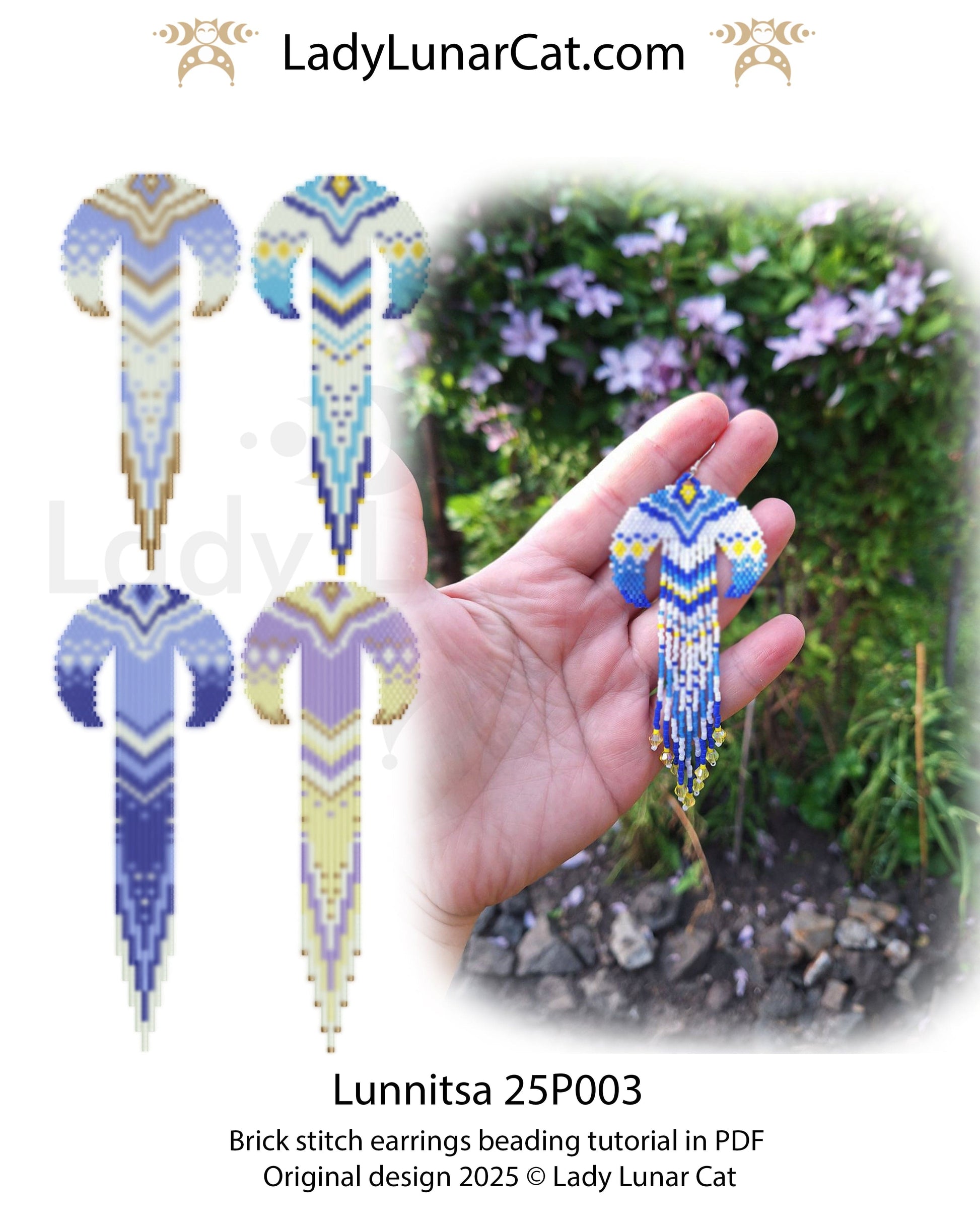 Sunflower 3-drop brick stitch earrings pattern for beading (Copy) LadyLunarCat
