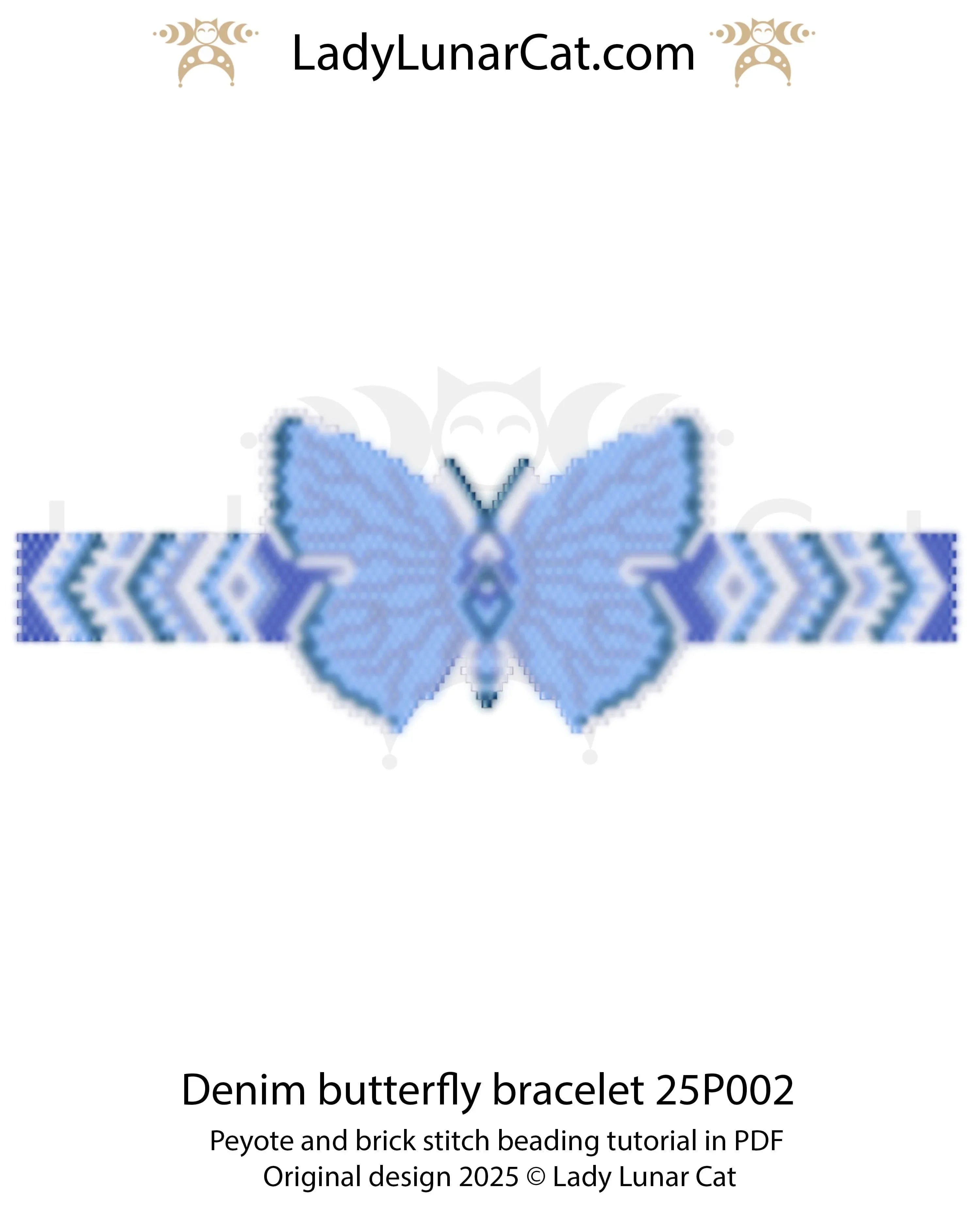 Denim Butterfly peyote bracelet pattern - beginner peyote brick stitch PDF LadyLunarCat