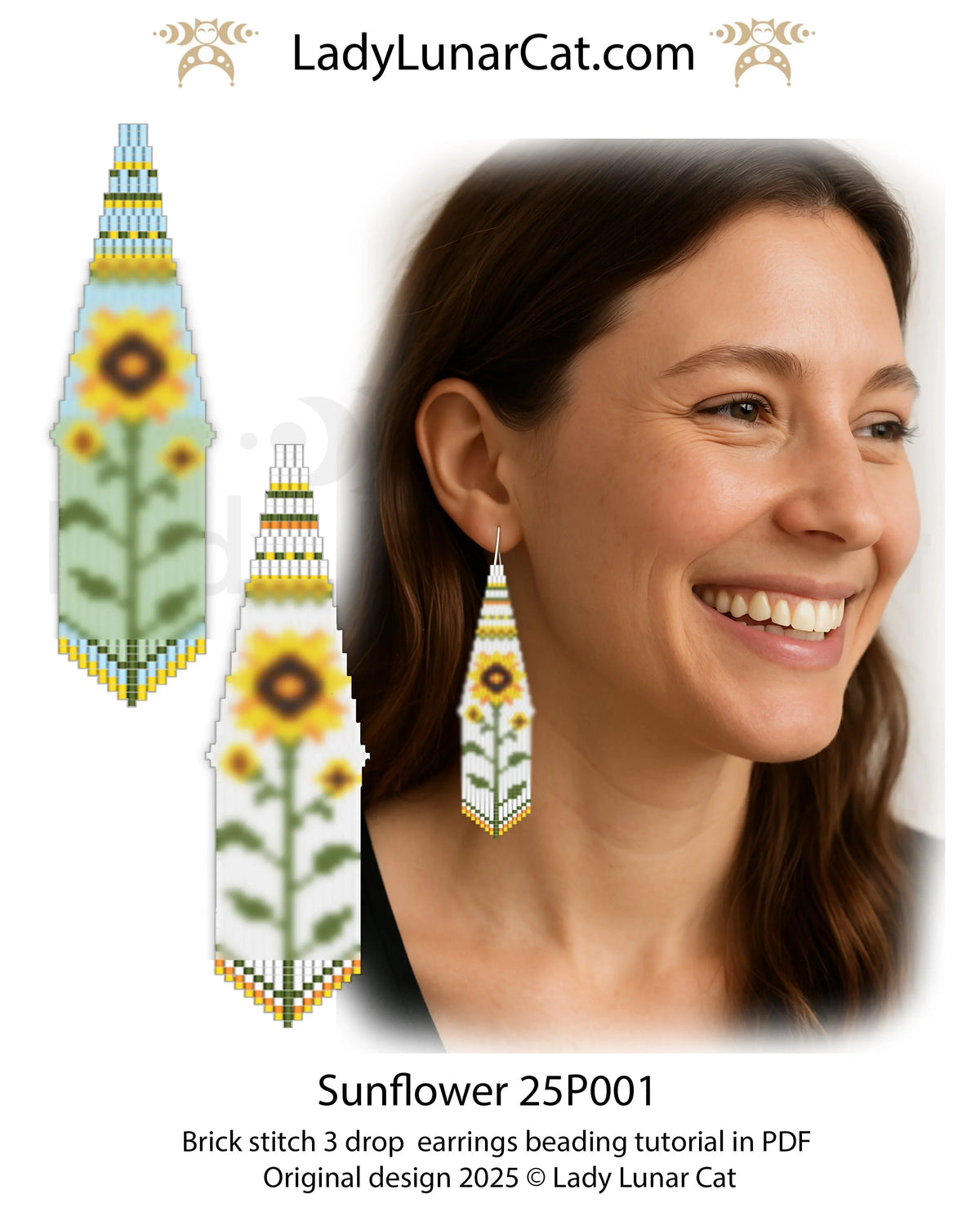 Sunflower fringe earrings 3-drop brick stitch pattern - 2 colorways intermediate PDF LadyLunarCat