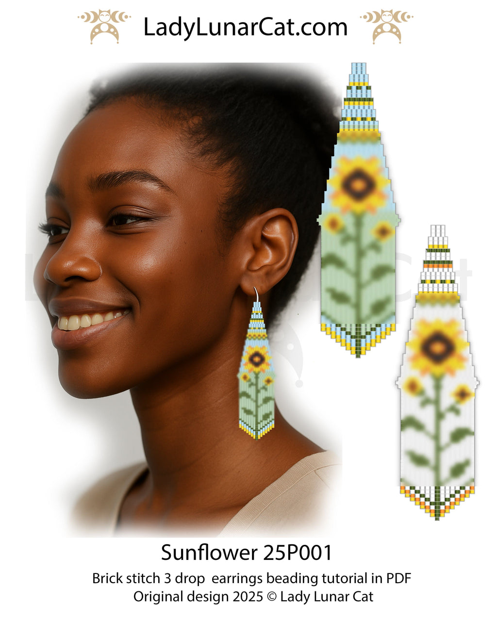 Sunflower Brick stitch 3 drop earrings pattern for beading  (Suitable for beginners) LadyLunarCat
