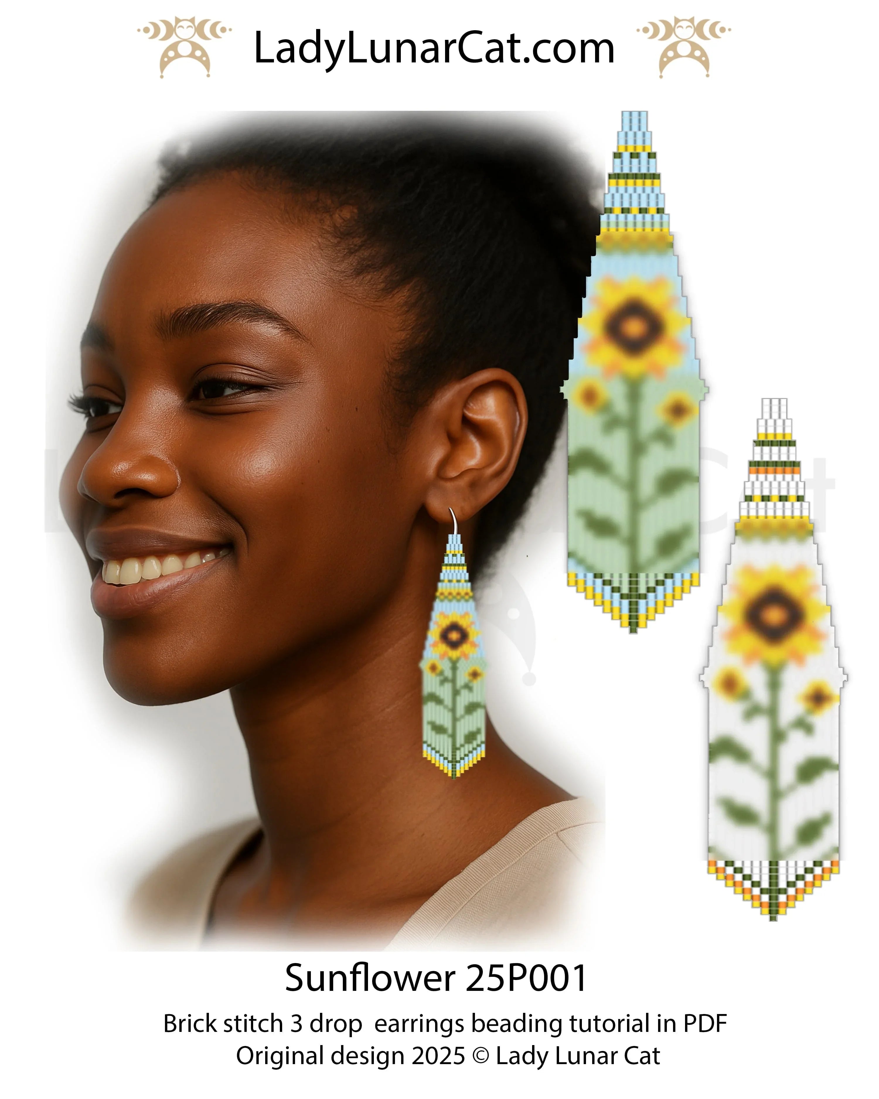 Sunflower beaded earrings blue green background - 3-drop brick stitch 69 beads LadyLunarCat