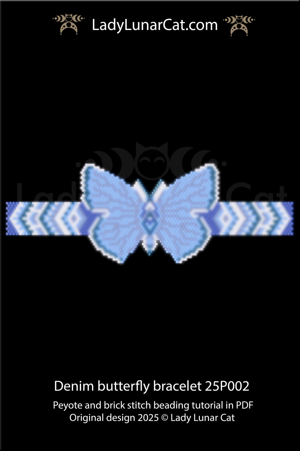 Denim butterfly peyote bracelet tutorial for beading, suitable for beginners LadyLunarCat