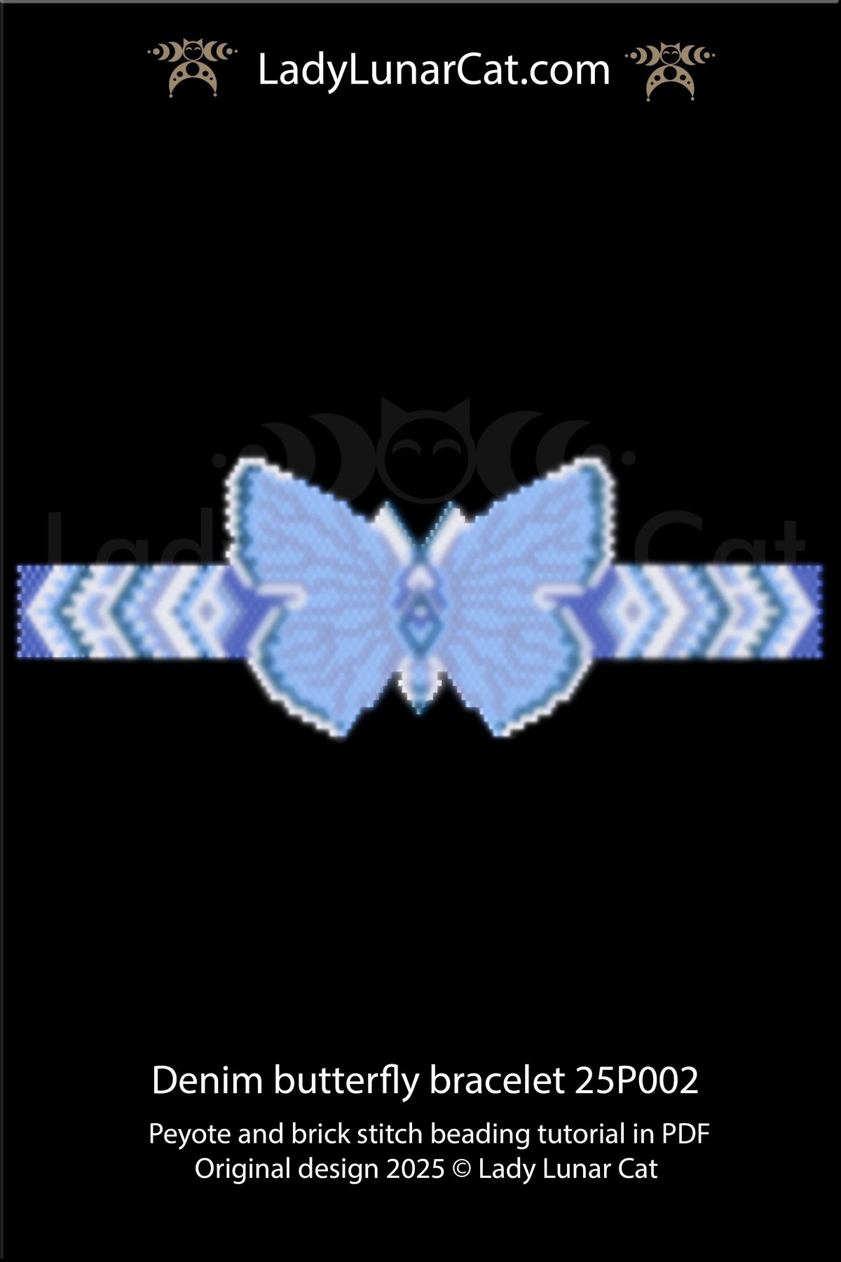 Denim Butterfly beaded bracelet full view - 39x89 beads adjustable length LadyLunarCat