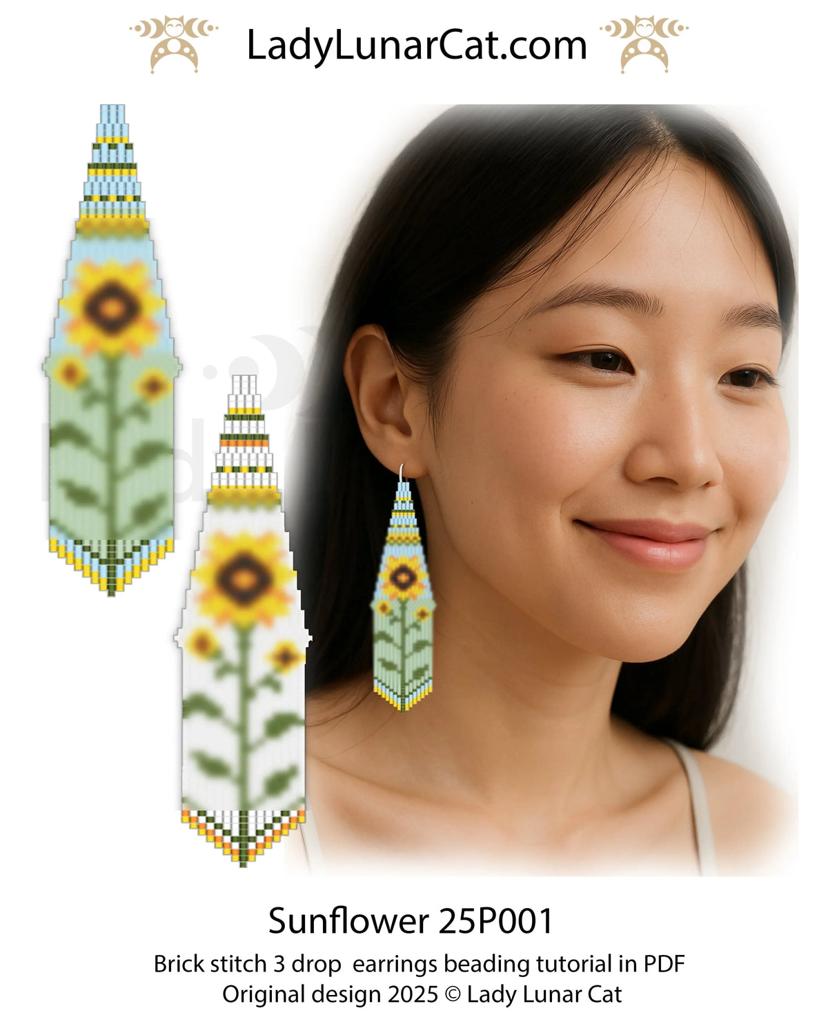 Sunflower fringe earring detail - 3-drop brick stitch petal fringe close up LadyLunarCat