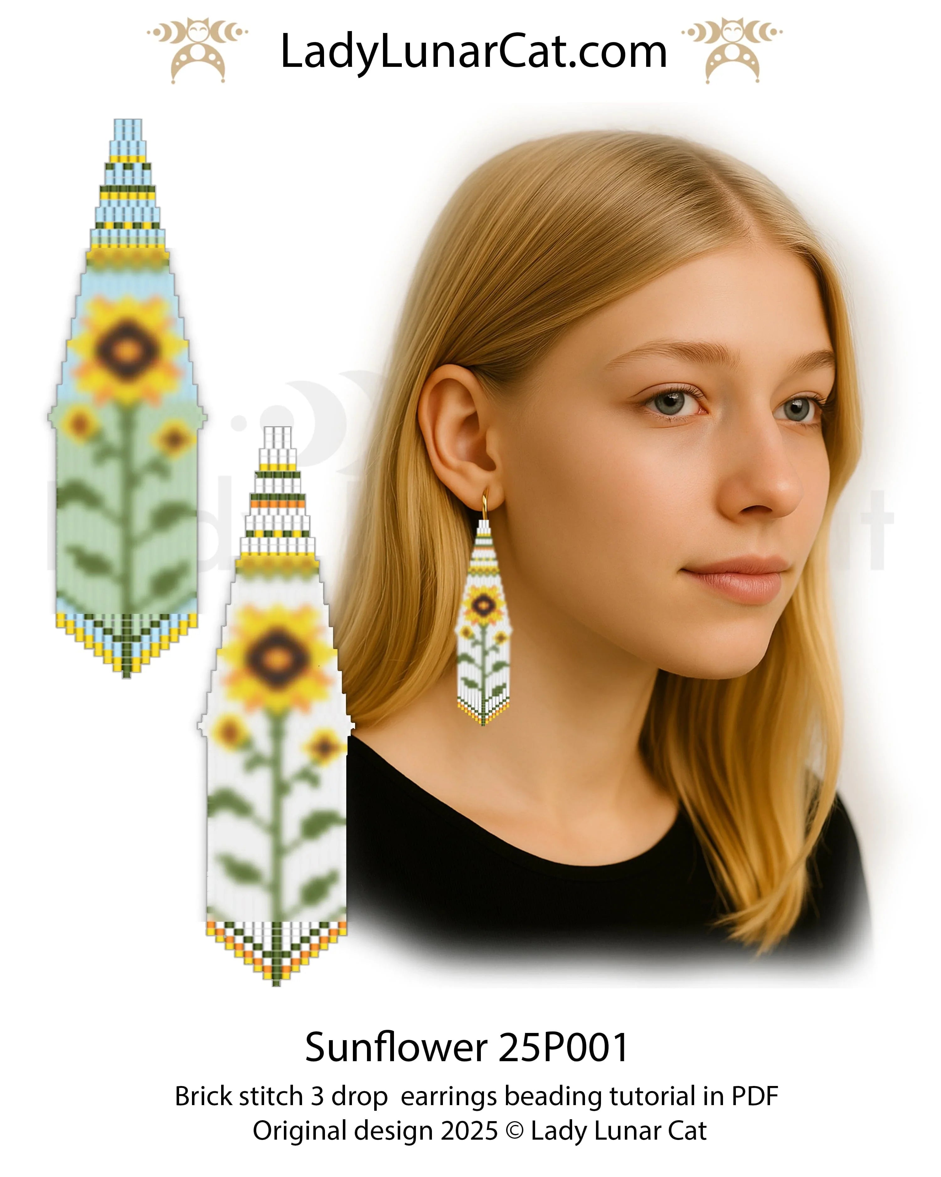 Sunflower beaded earrings white background - fringe detail Miyuki Delica 11/0 LadyLunarCat