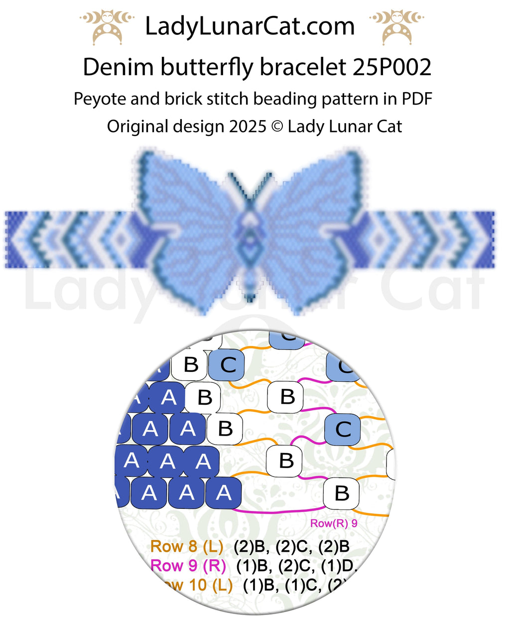 Denim butterfly peyote bracelet tutorial for beading, suitable for beginners LadyLunarCat