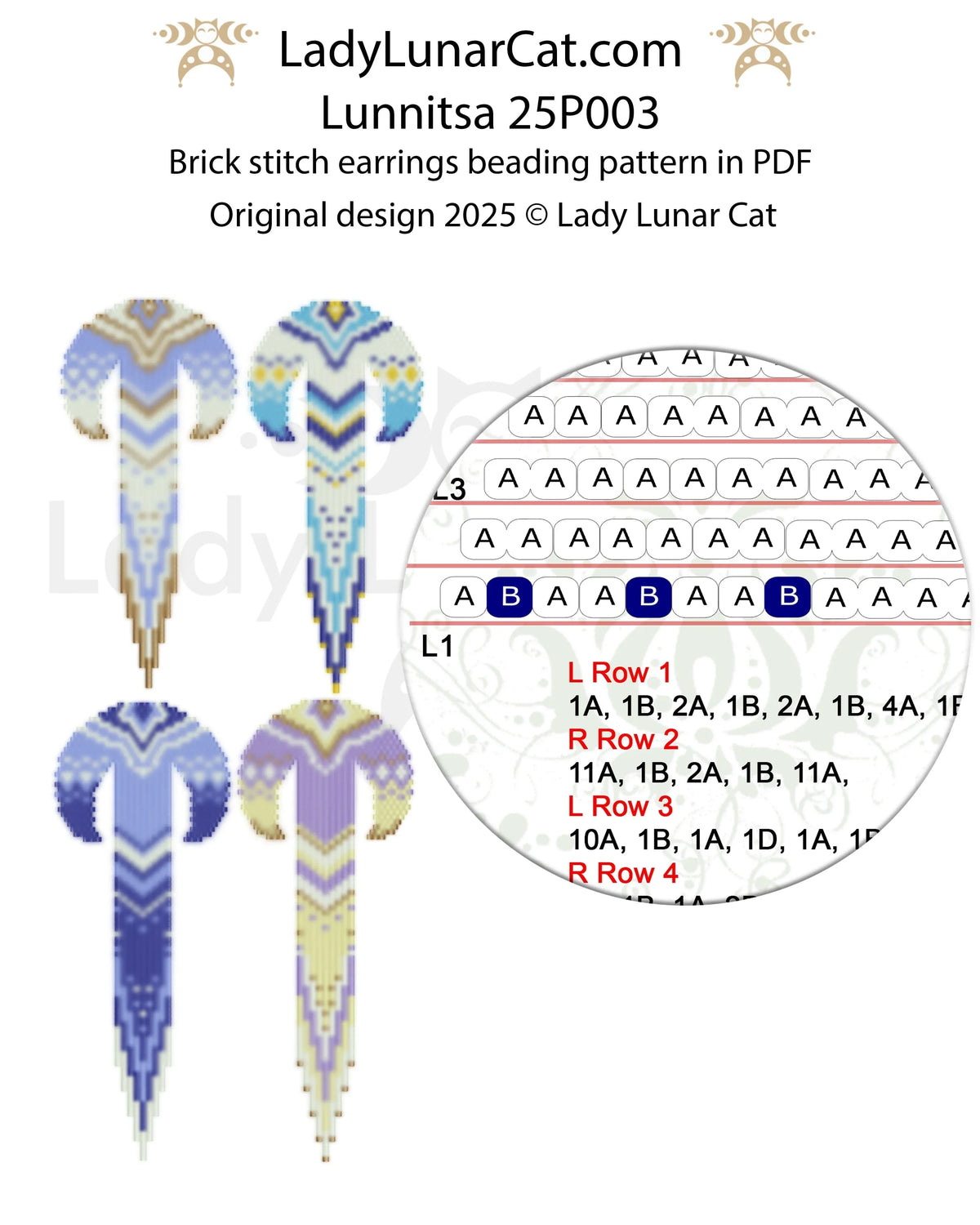 Lunnitsa brick stitch earrings colorway 2 - lunar amulet fringe earring PDF LadyLunarCat