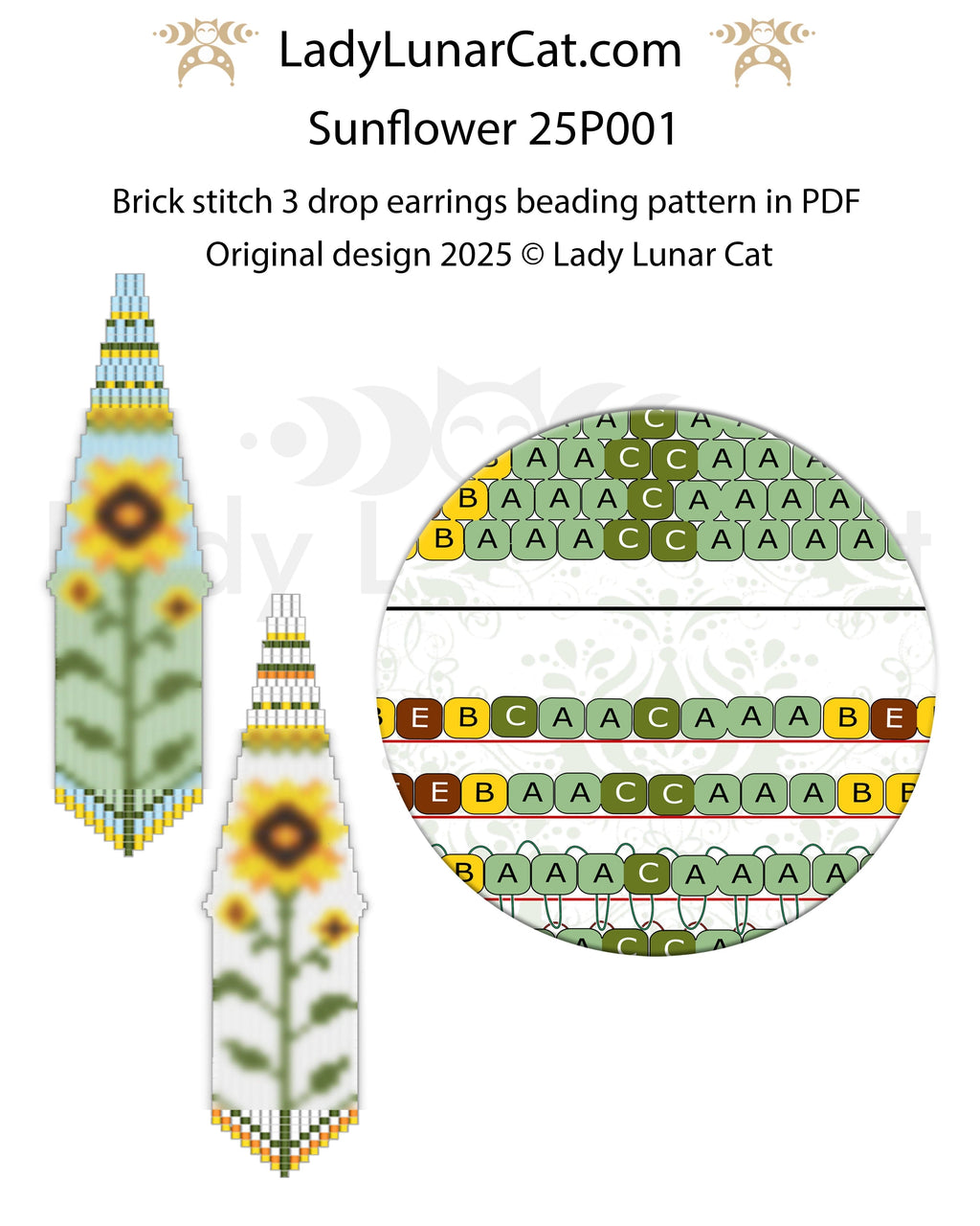 Sunflower Brick stitch 3 drop earrings pattern for beading  (Suitable for beginners) LadyLunarCat
