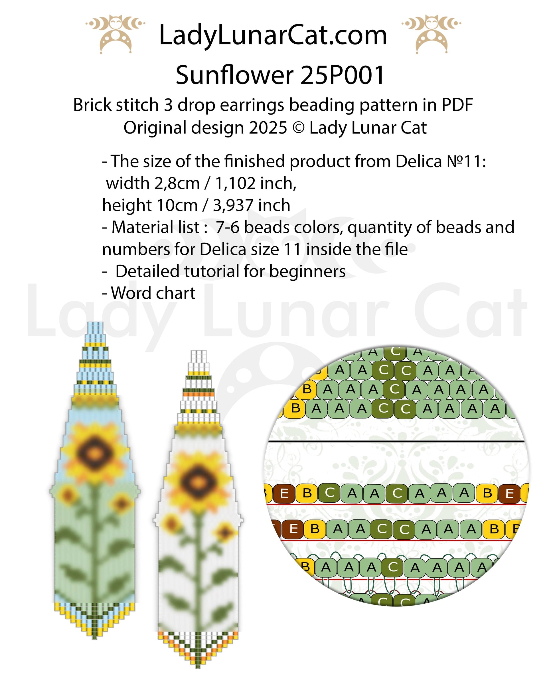 Sunflower Brick stitch 3 drop earrings pattern for beading  (Suitable for beginners) LadyLunarCat