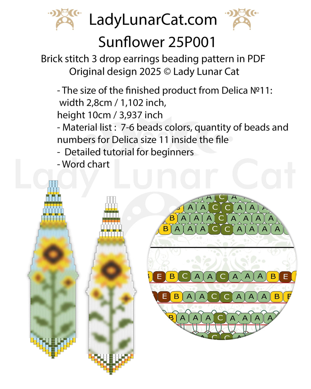 Sunflower Brick stitch 3 drop earrings pattern for beading  (Suitable for beginners) LadyLunarCat