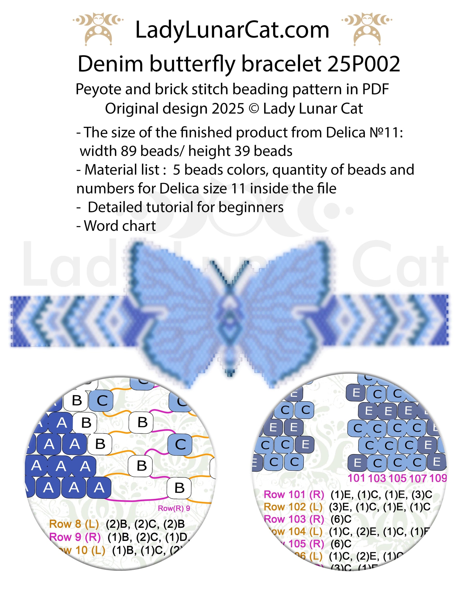 Denim butterfly peyote bracelet tutorial for beading, suitable for beginners LadyLunarCat