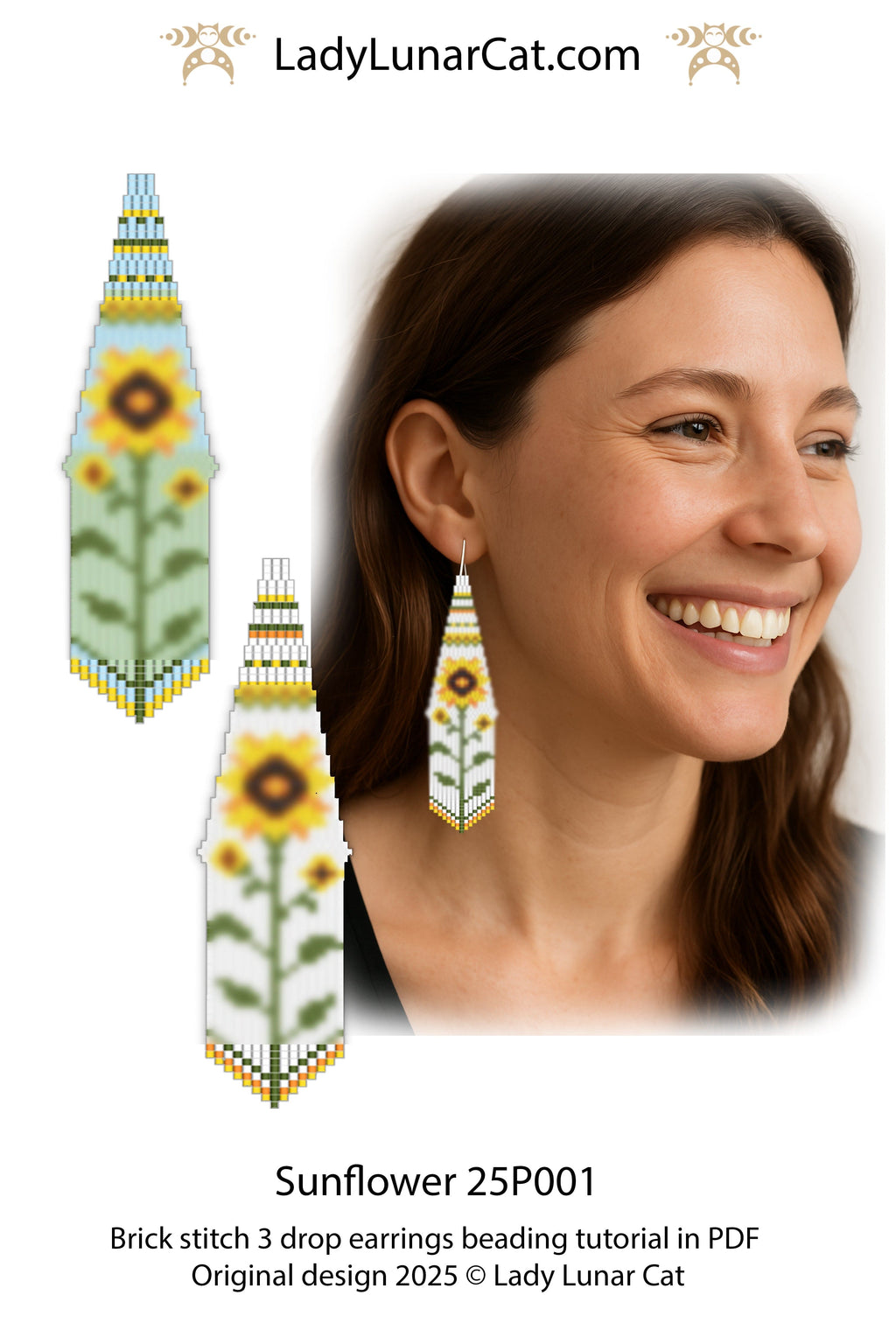 Sunflower Brick stitch 3 drop earrings pattern for beading  (Suitable for beginners) LadyLunarCat