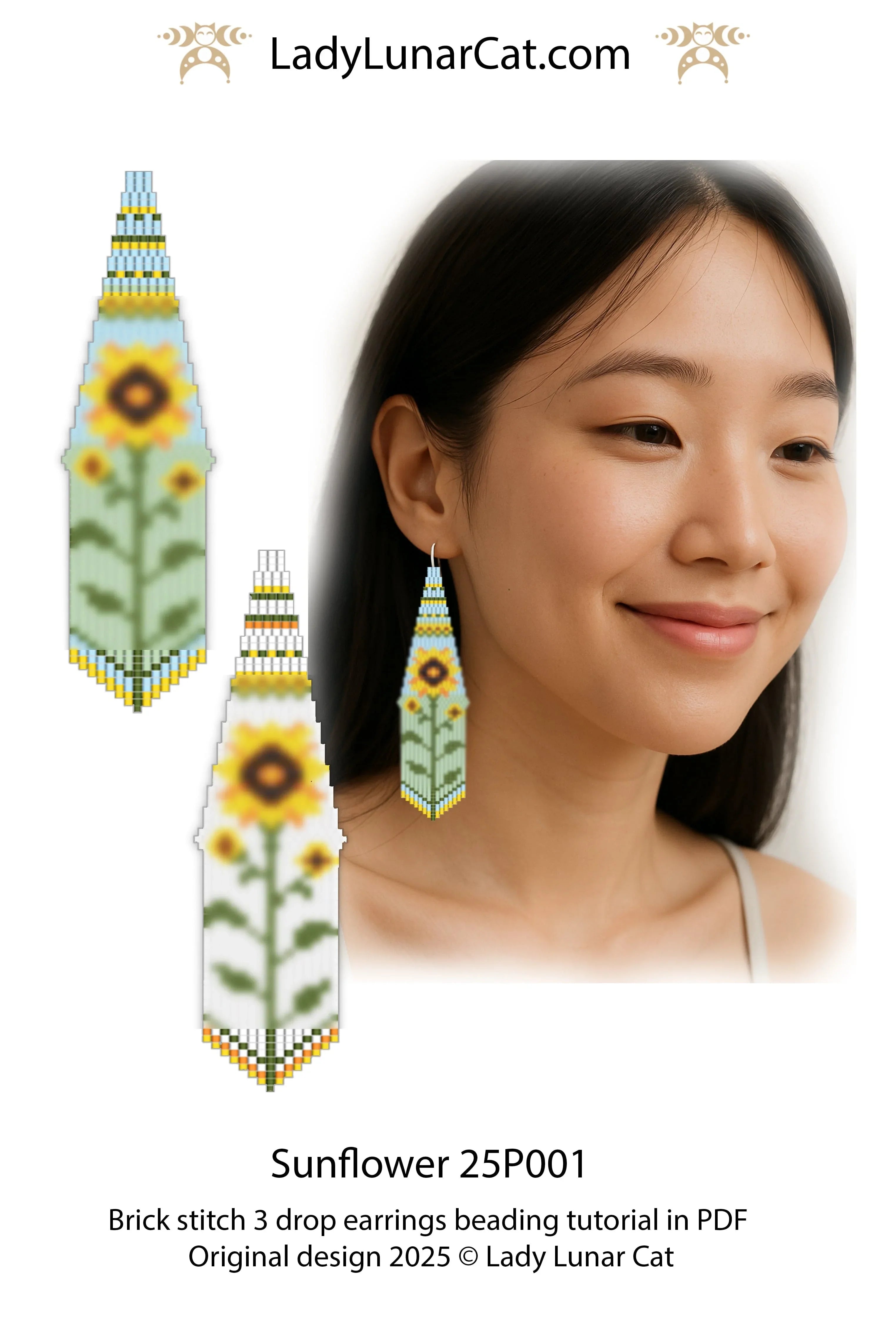 Sunflower fringe earring tutorial page - illustrated starting guide 3-drop stitch LadyLunarCat