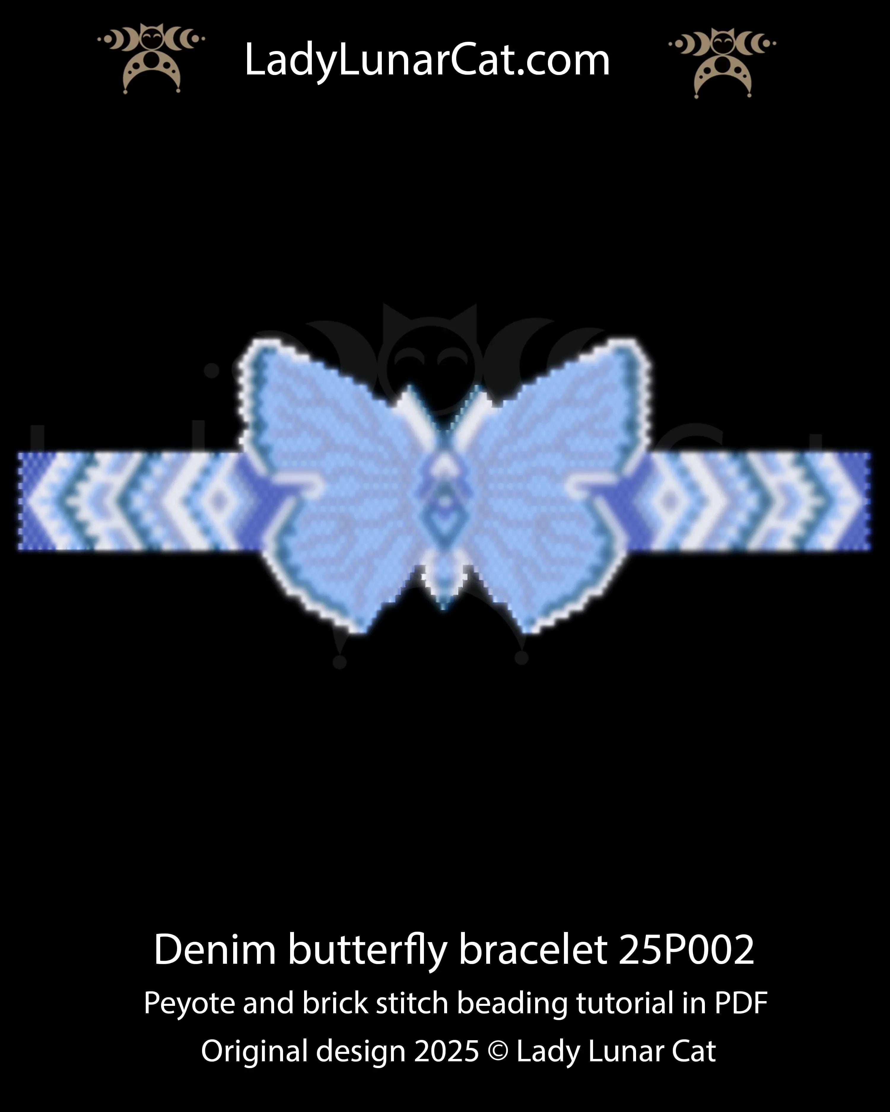 Denim Butterfly bracelet detail - brick stitch butterfly element 5 colors PDF LadyLunarCat
