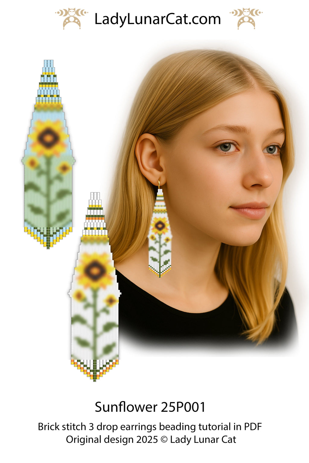 Sunflower Brick stitch 3 drop earrings pattern for beading  (Suitable for beginners) LadyLunarCat