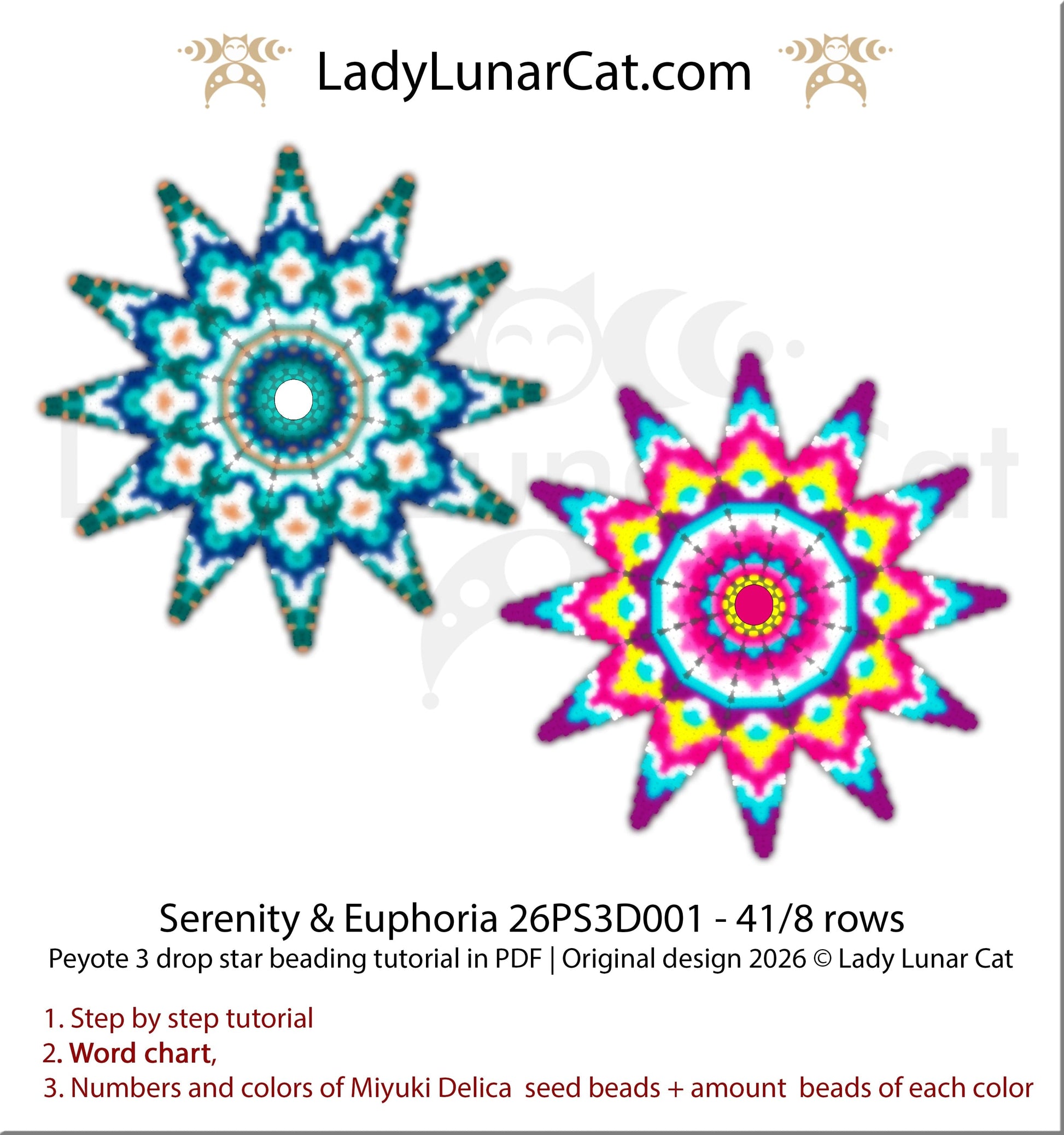 Blue peyote 3 drop star pattern for beading - Beginner-Friendly tutorial LadyLunarCat