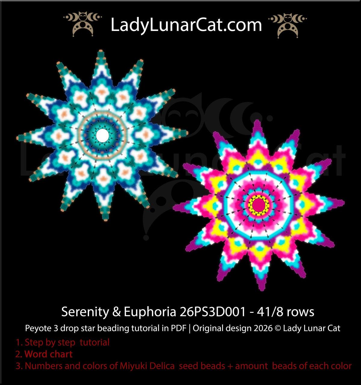 Blue peyote 3 drop star pattern for beading - Beginner-Friendly tutorial LadyLunarCat