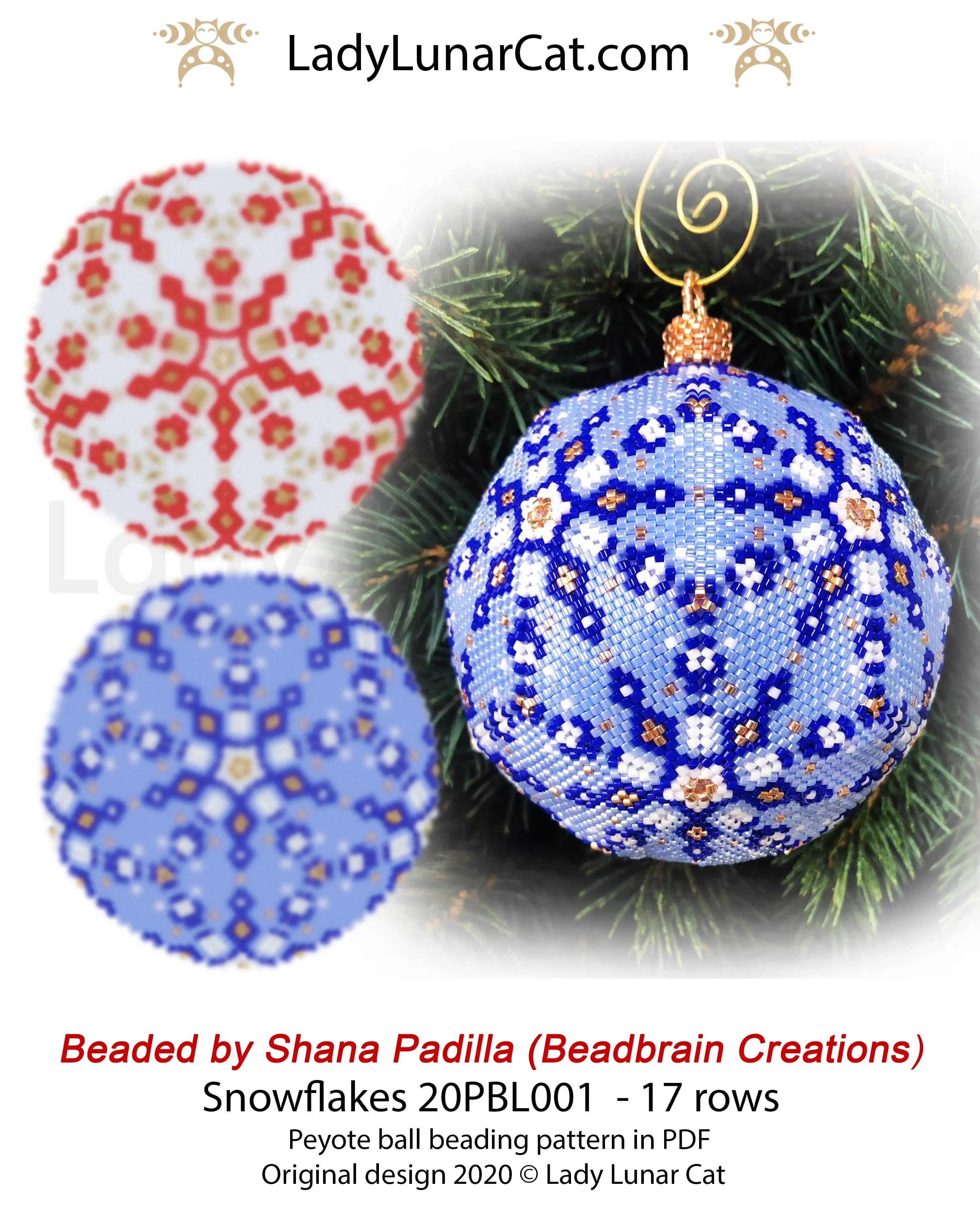 Snowflakes peyote 3D ball - icosahedron 17 rows winter christmas PDF LadyLunarCat