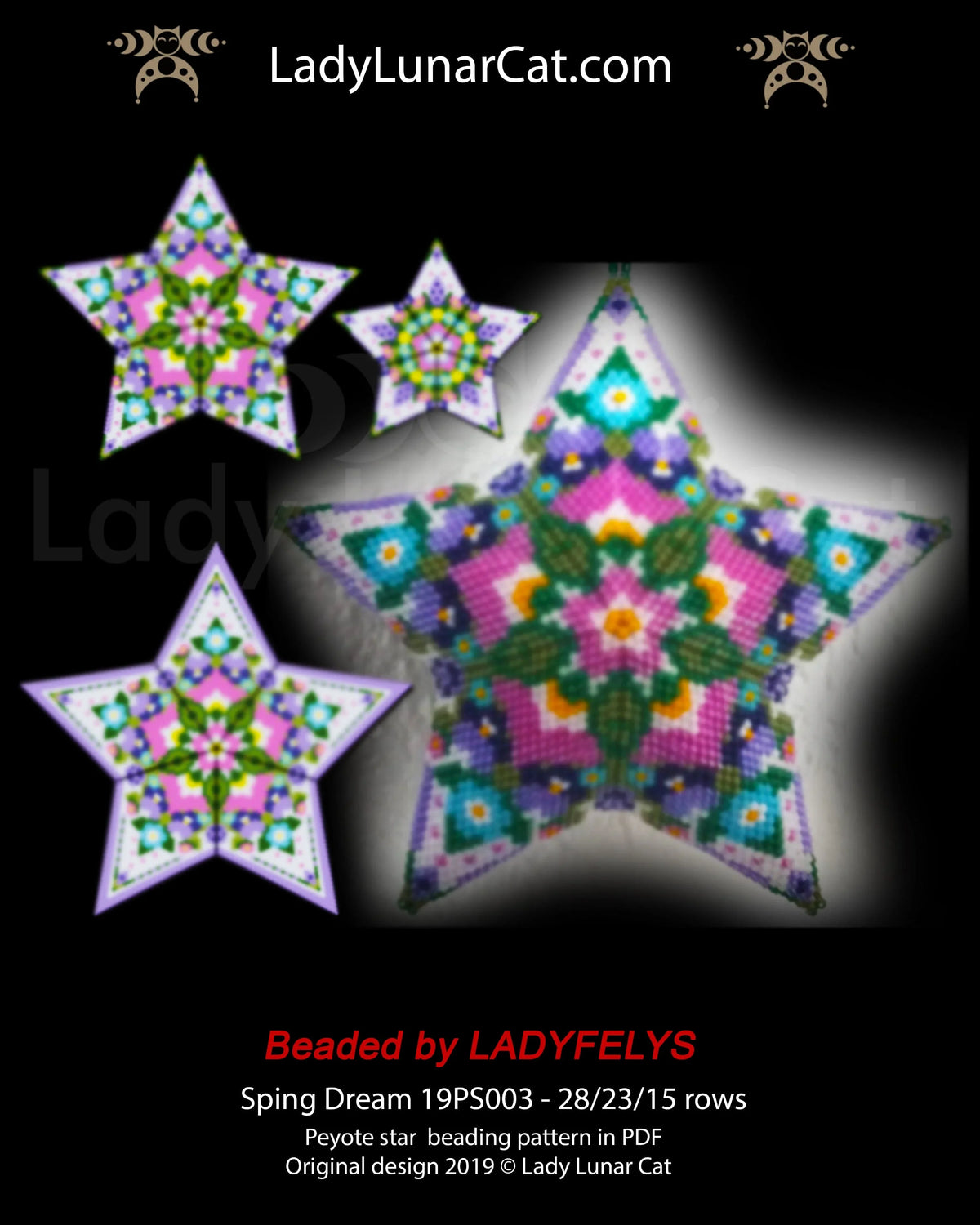 Spring Dream beaded star detail - 3D peyote mandala spring kaleidoscope LadyLunarCat