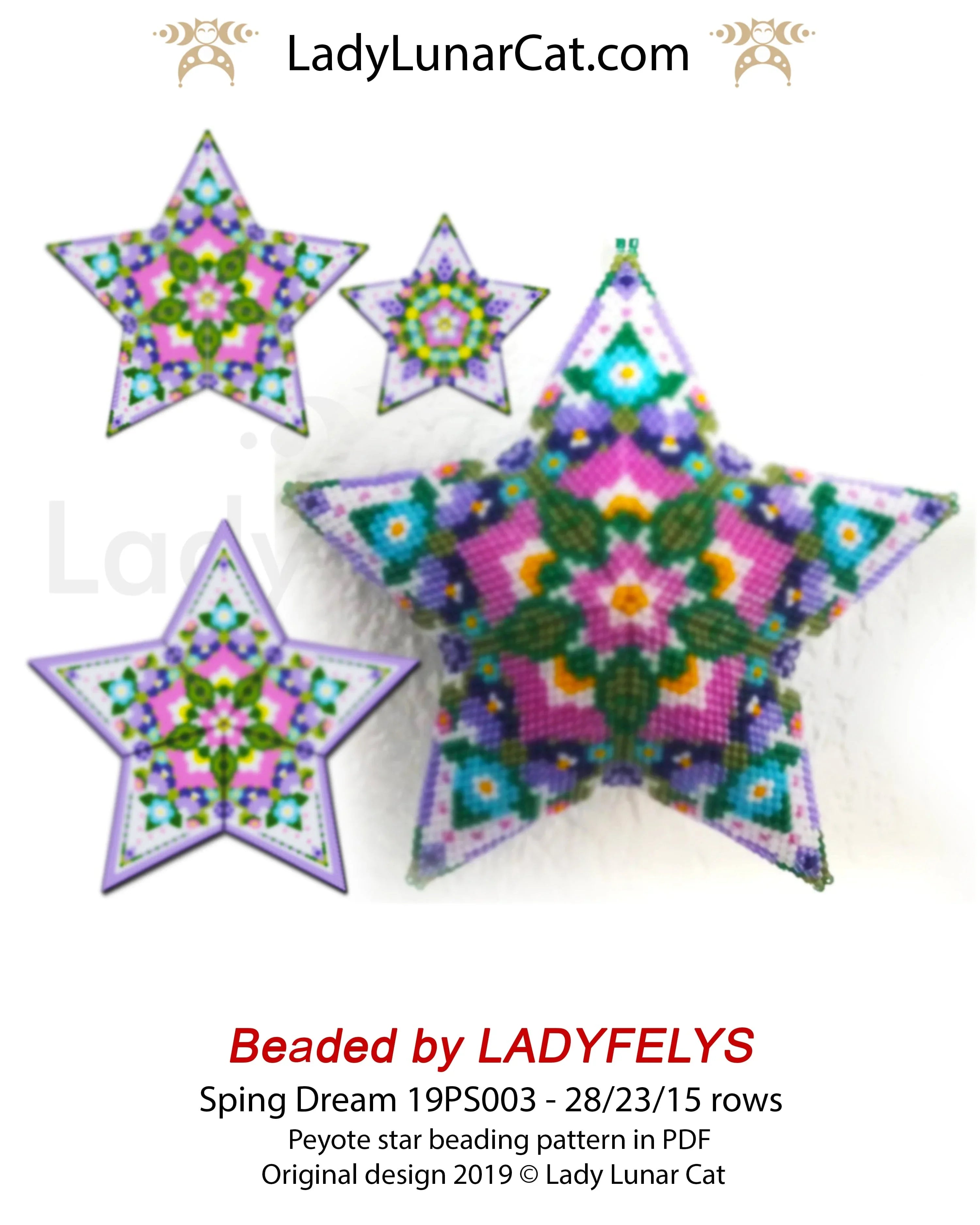 Spring Dream peyote star set - 3 sizes 15+23+28 rows 8 colors floral mandala PDF LadyLunarCat