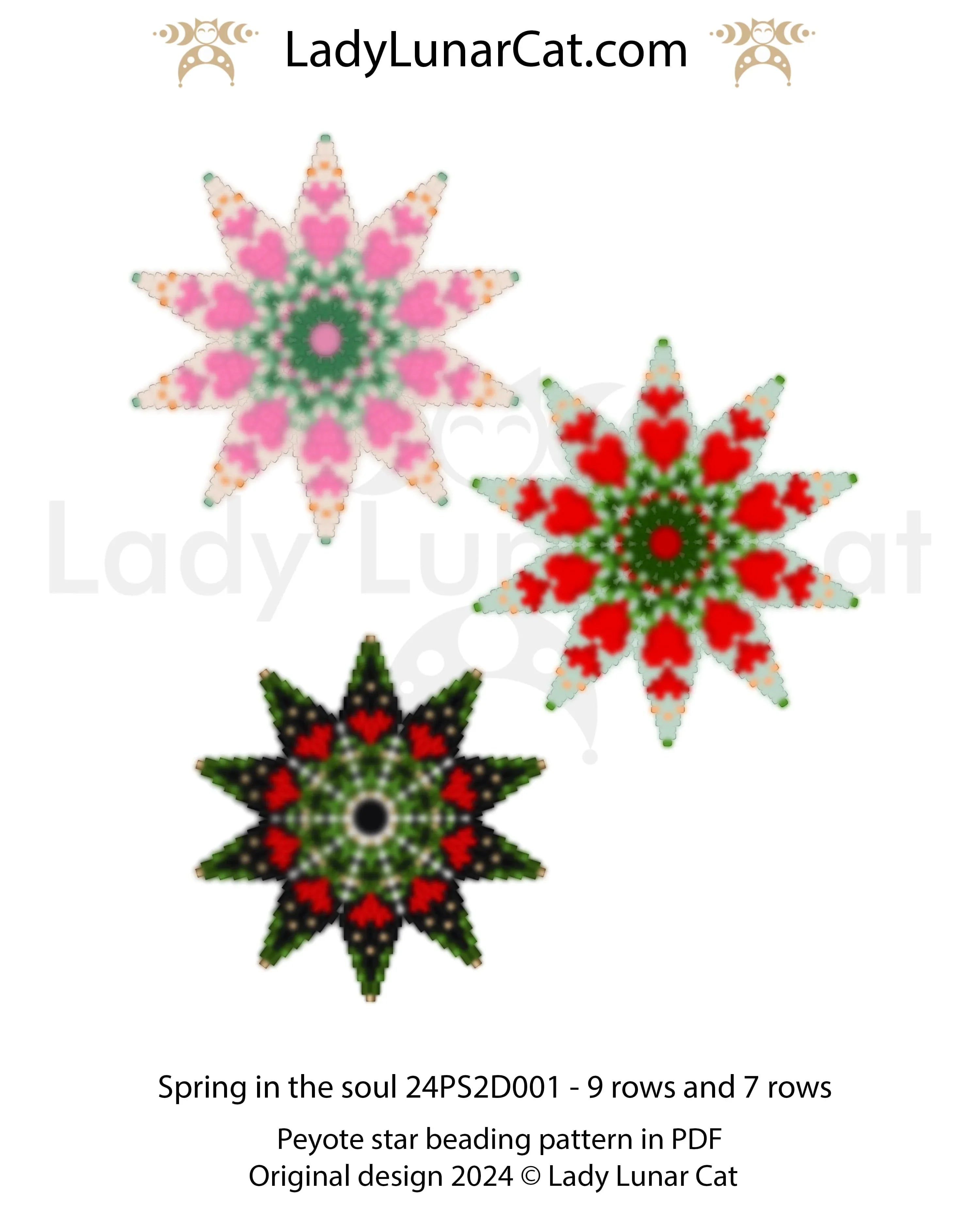 Spring in the Soul peyote 2 drop star beading pattern - 3 colorways beginner friendly PDF LadyLunarCat