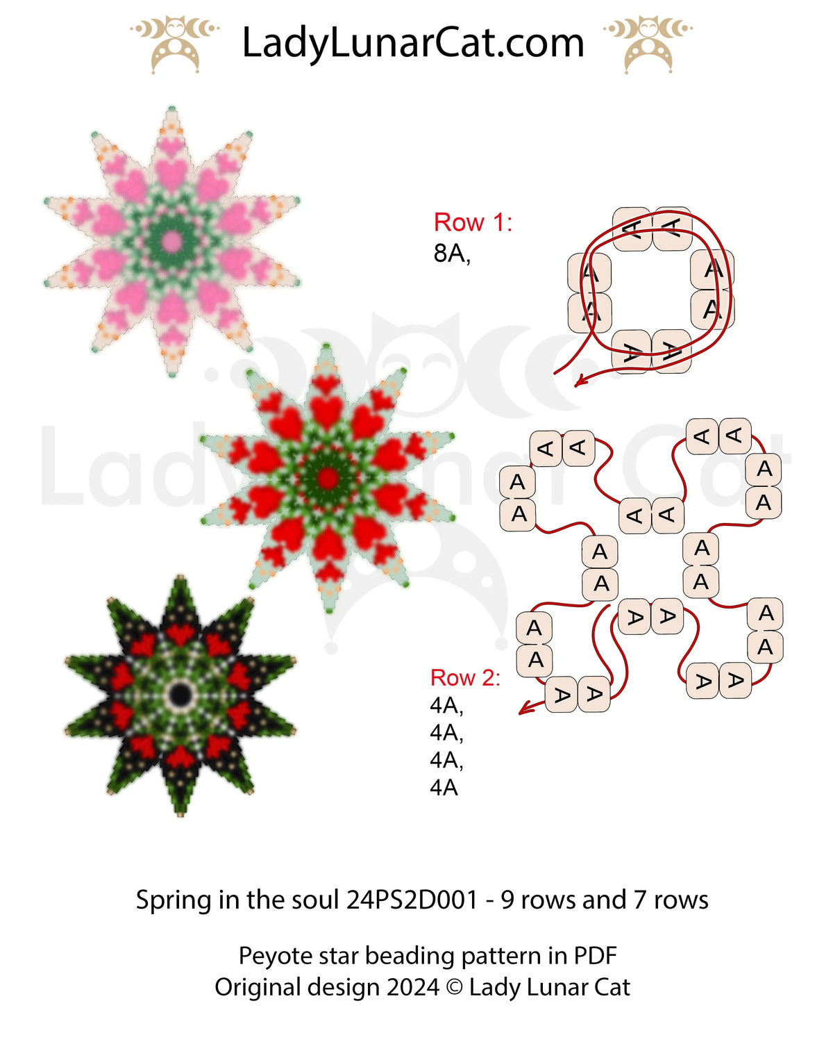 Spring beaded star ornament pattern PDF - 3D peyote 2 drop beginner tutorial LadyLunarCat