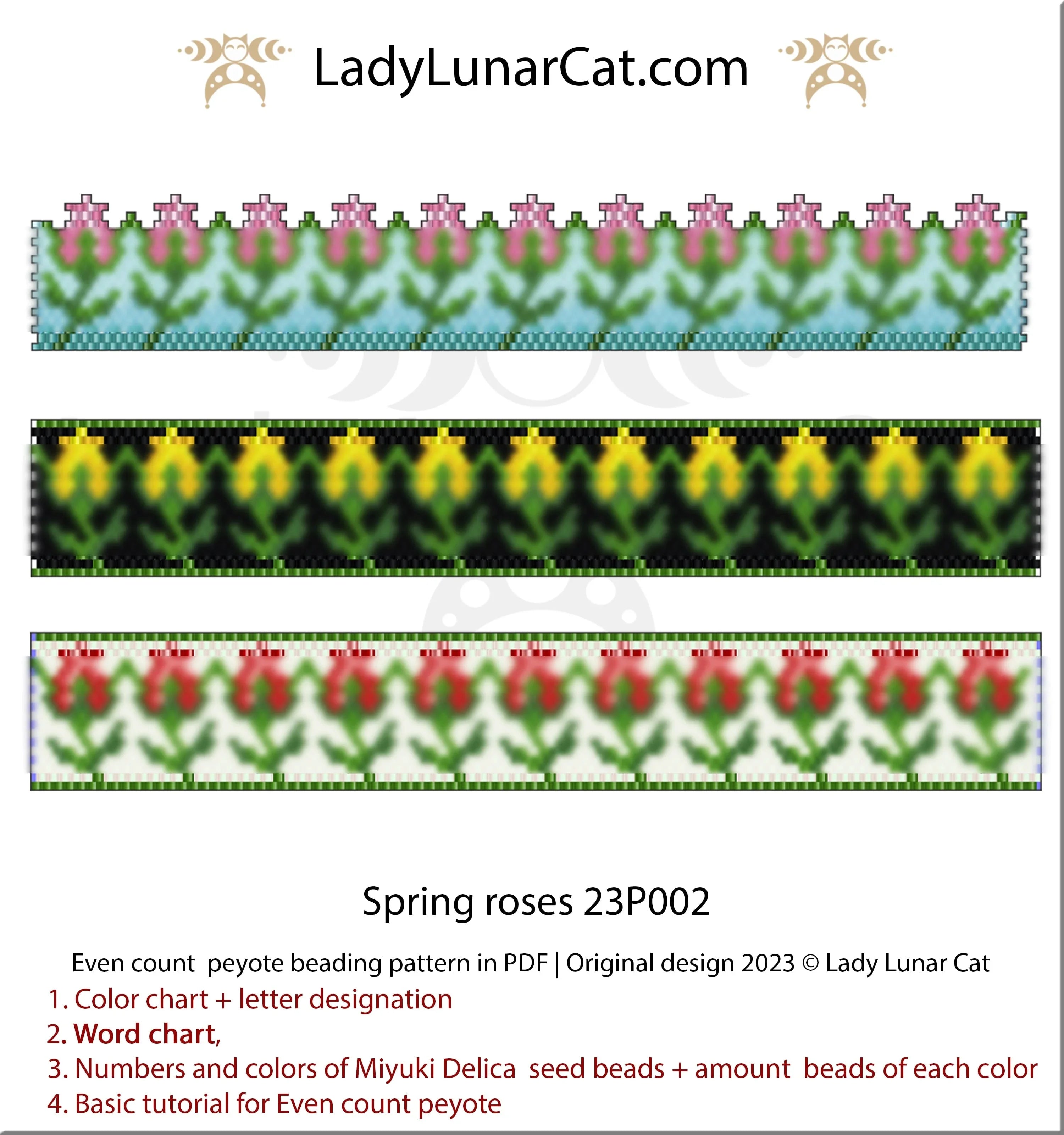 Spring Roses peyote bracelet - 89x18 beads 3 colorways 11+5+5 colors floral PDF LadyLunarCat