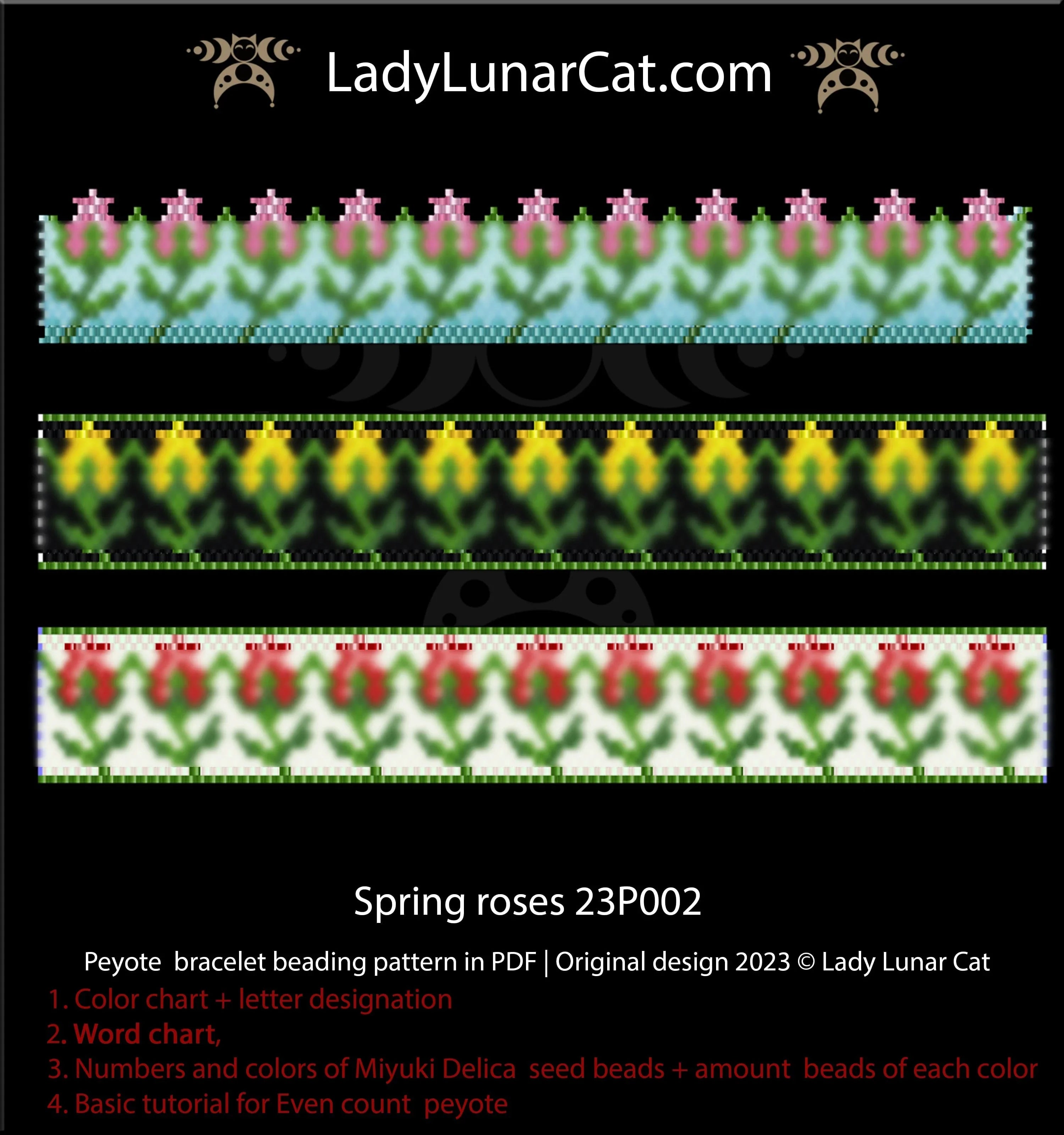 Spring Roses beaded bracelet colorway 1 - rich 11 colors rose motif Miyuki Delica LadyLunarCat
