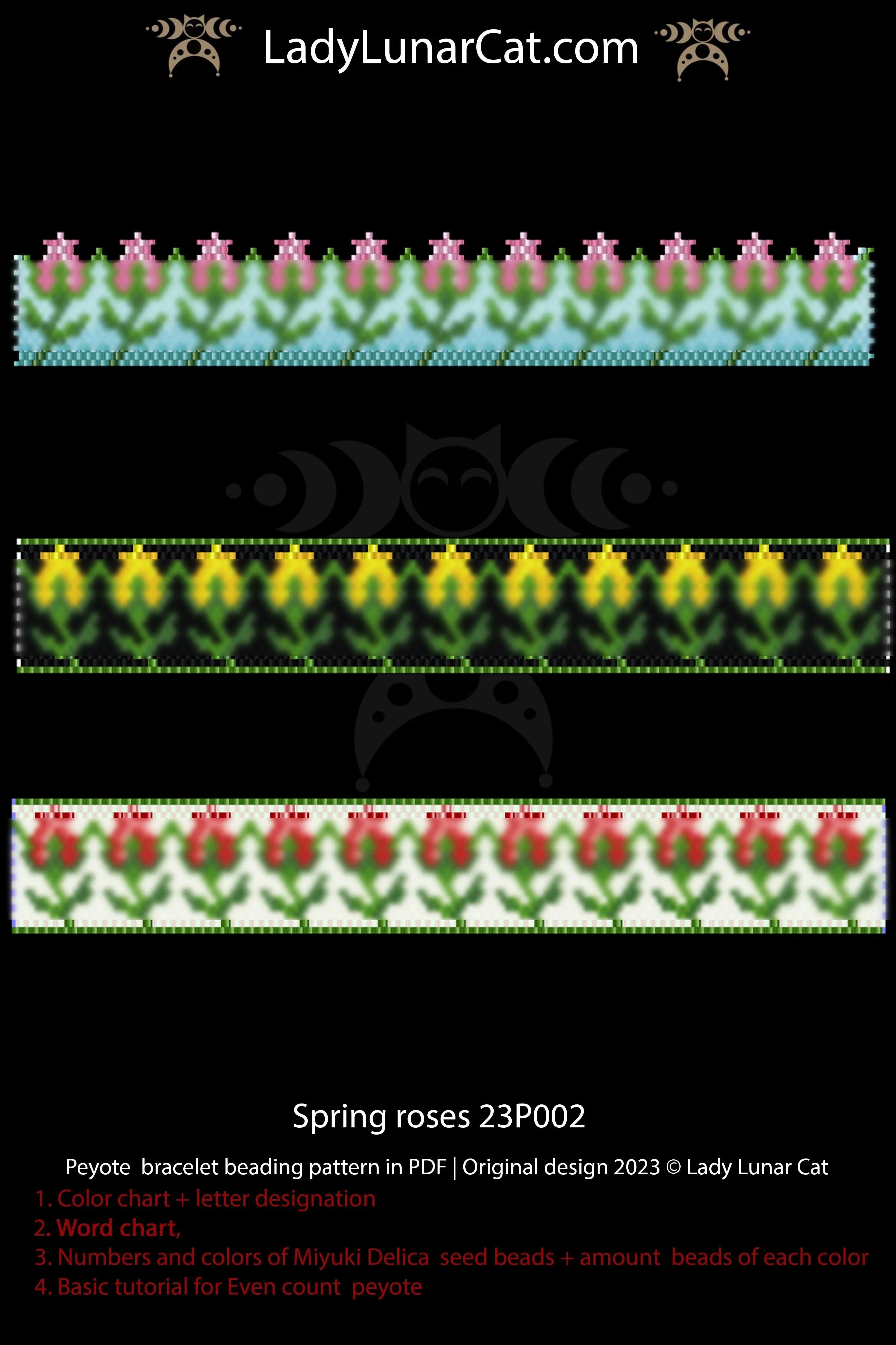 Spring Roses beaded bracelet colorway 3 - classic 5 colors floral instant download LadyLunarCat