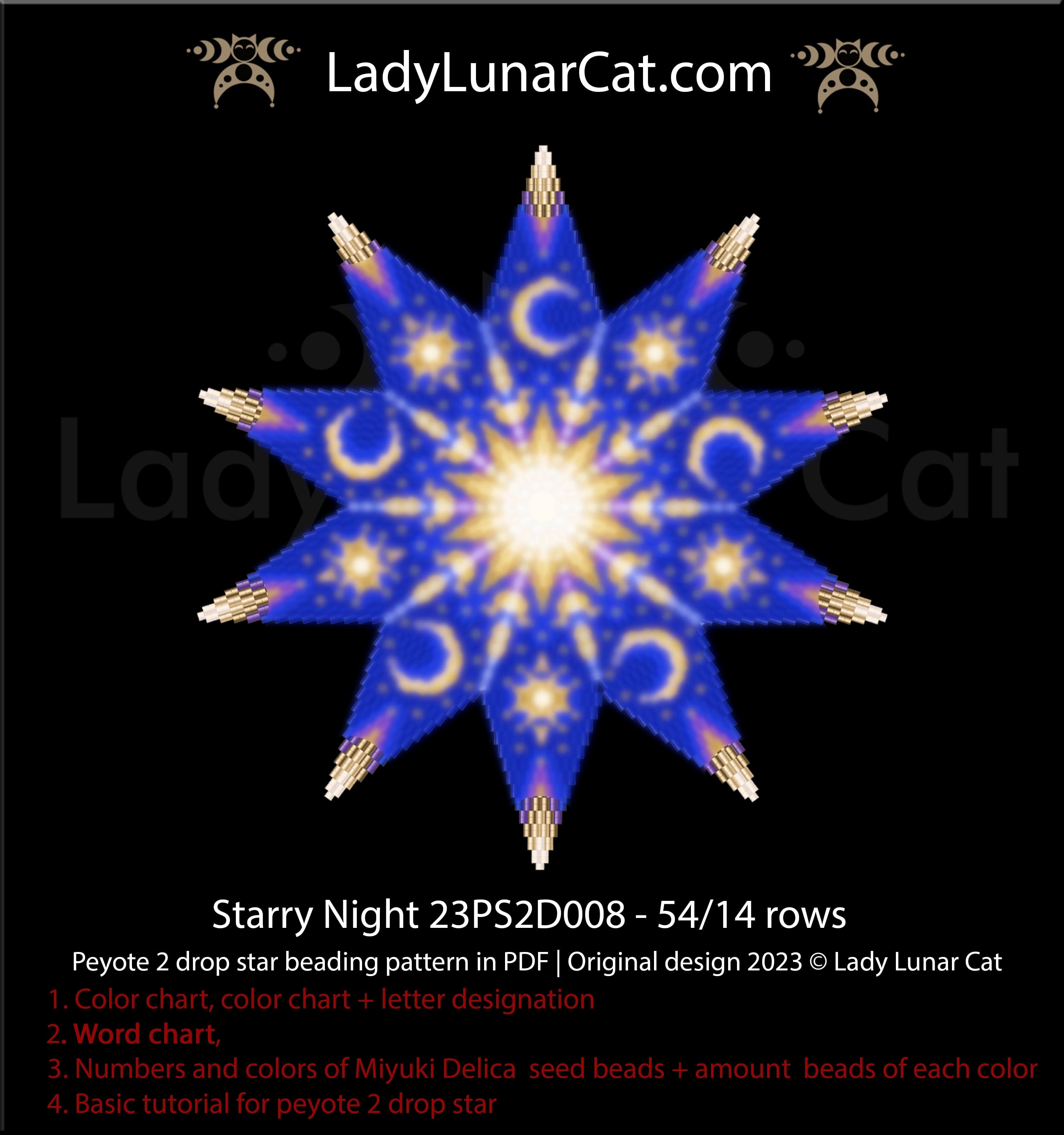 Copy of Peyote 2 drop star pattern for beading - Moonlight flowers 23PS2D001 14 rows + Basic star 2 drop LadyLunarCat