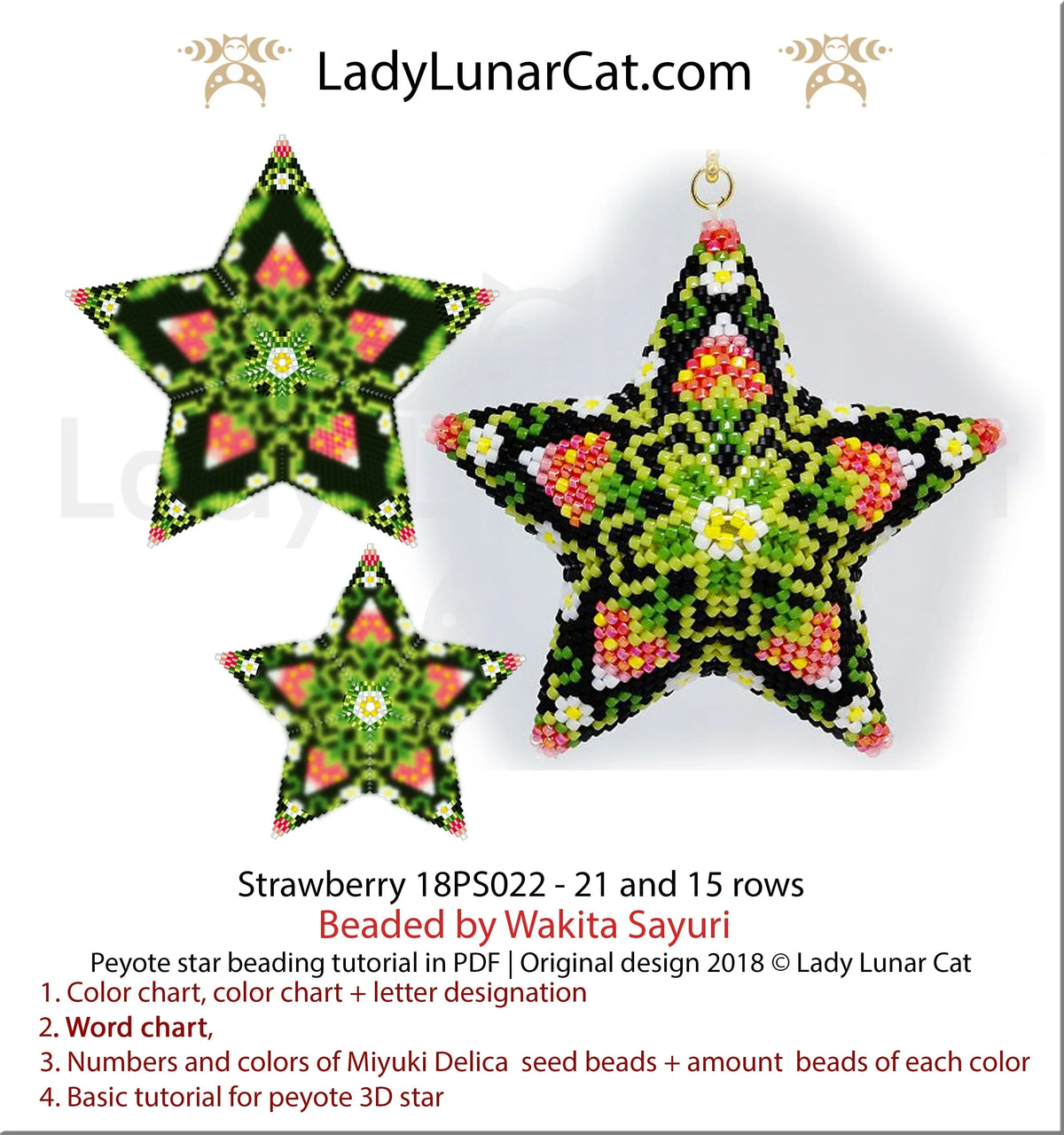 Strawberry peyote star pattern PDF by Lady Lunar Cat — 3D beaded star 18PS022