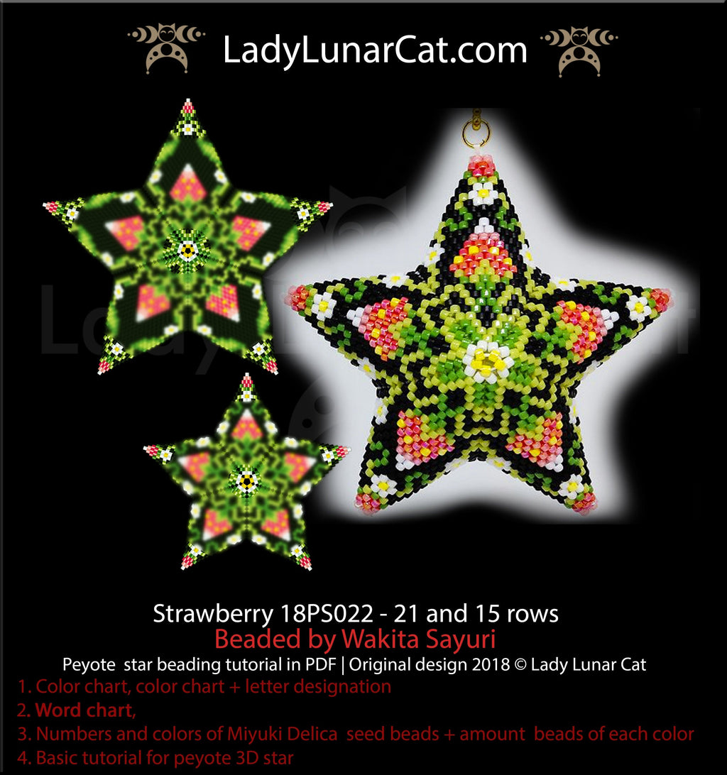 Beaded star pattern - Strawberry 18PS022 | Seed beads tutorial for 3D peyote star LadyLunarCat