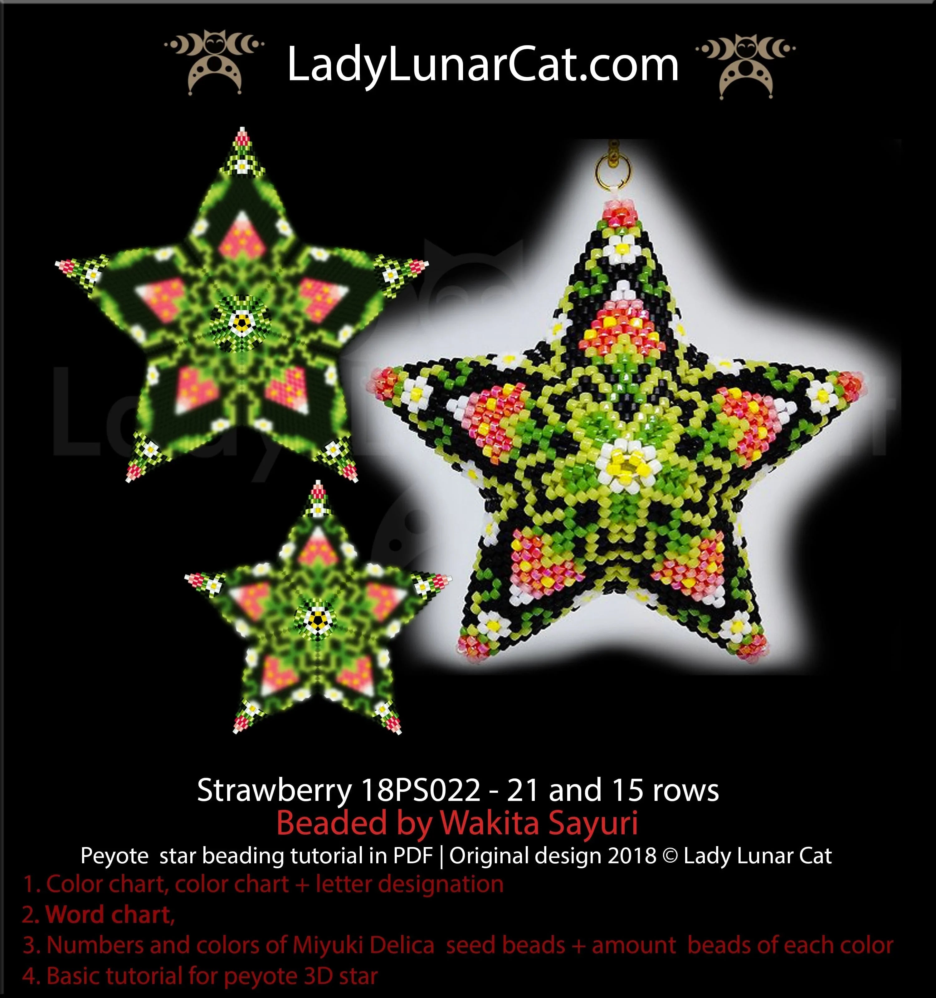 Wild strawberry peyote star beading pattern — 7 colors, Miyuki Delica 11/0, cottagecore