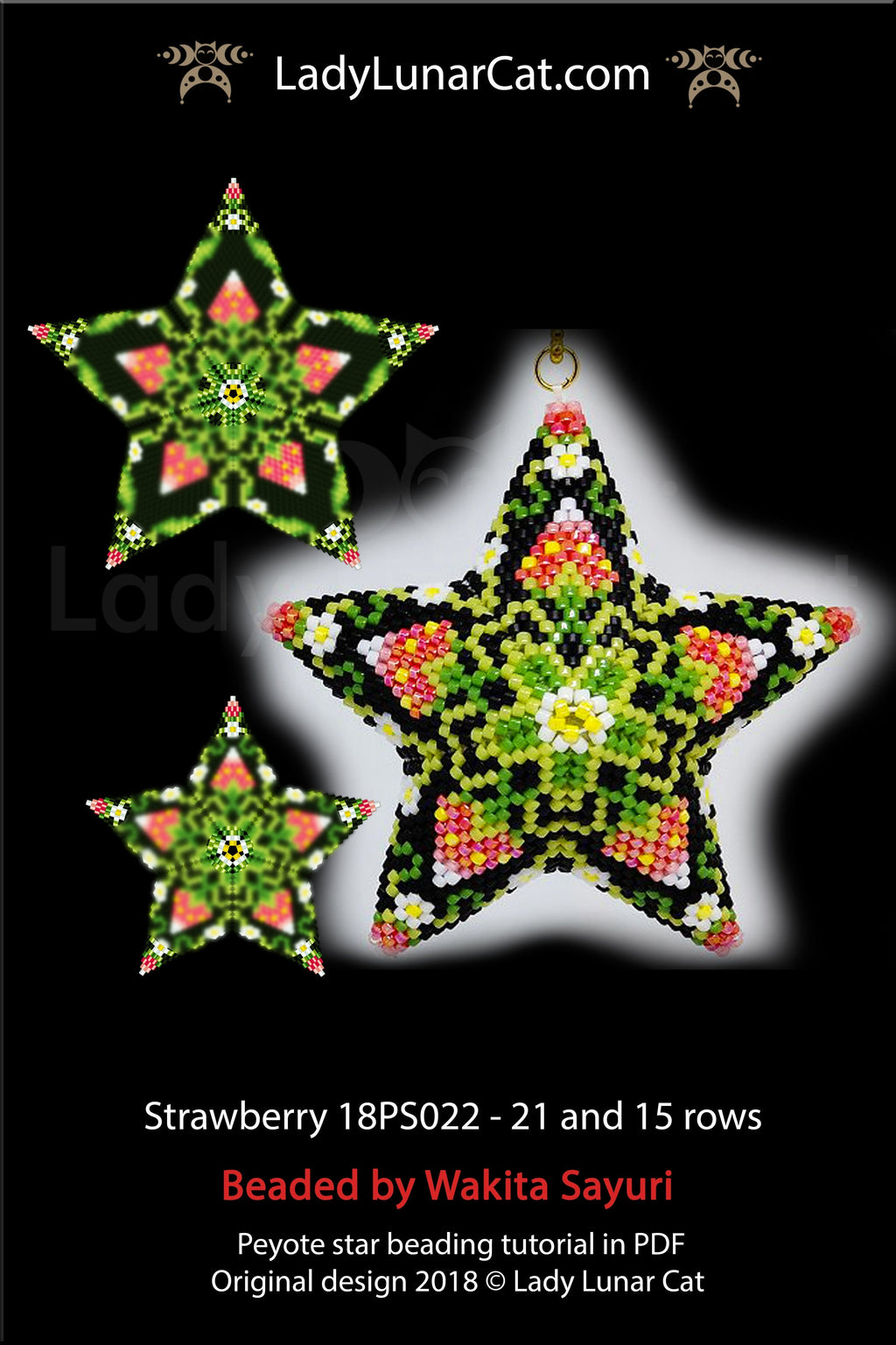 Beaded star pattern - Strawberry 18PS022 | Seed beads tutorial for 3D peyote star LadyLunarCat