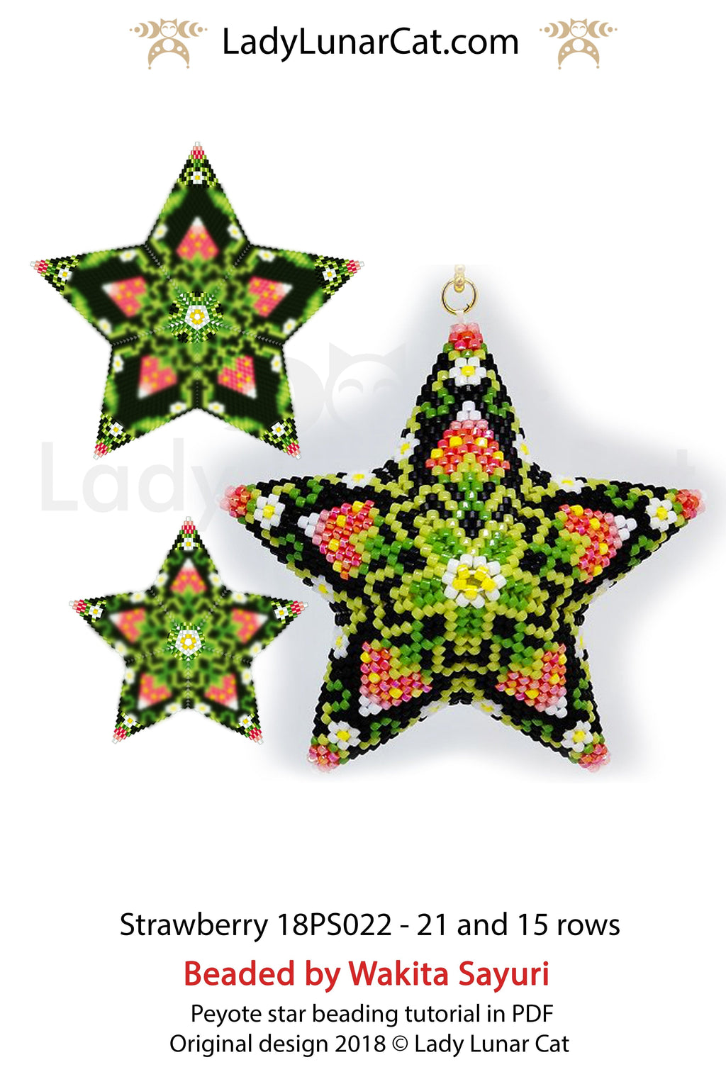 Beaded star pattern - Strawberry 18PS022 | Seed beads tutorial for 3D peyote star LadyLunarCat