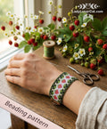 Strawberry peyote bracelet beading pattern — wide cottagecore cuff, 90x33 beads, 6 Miyuki Delica colors, PDF instant download